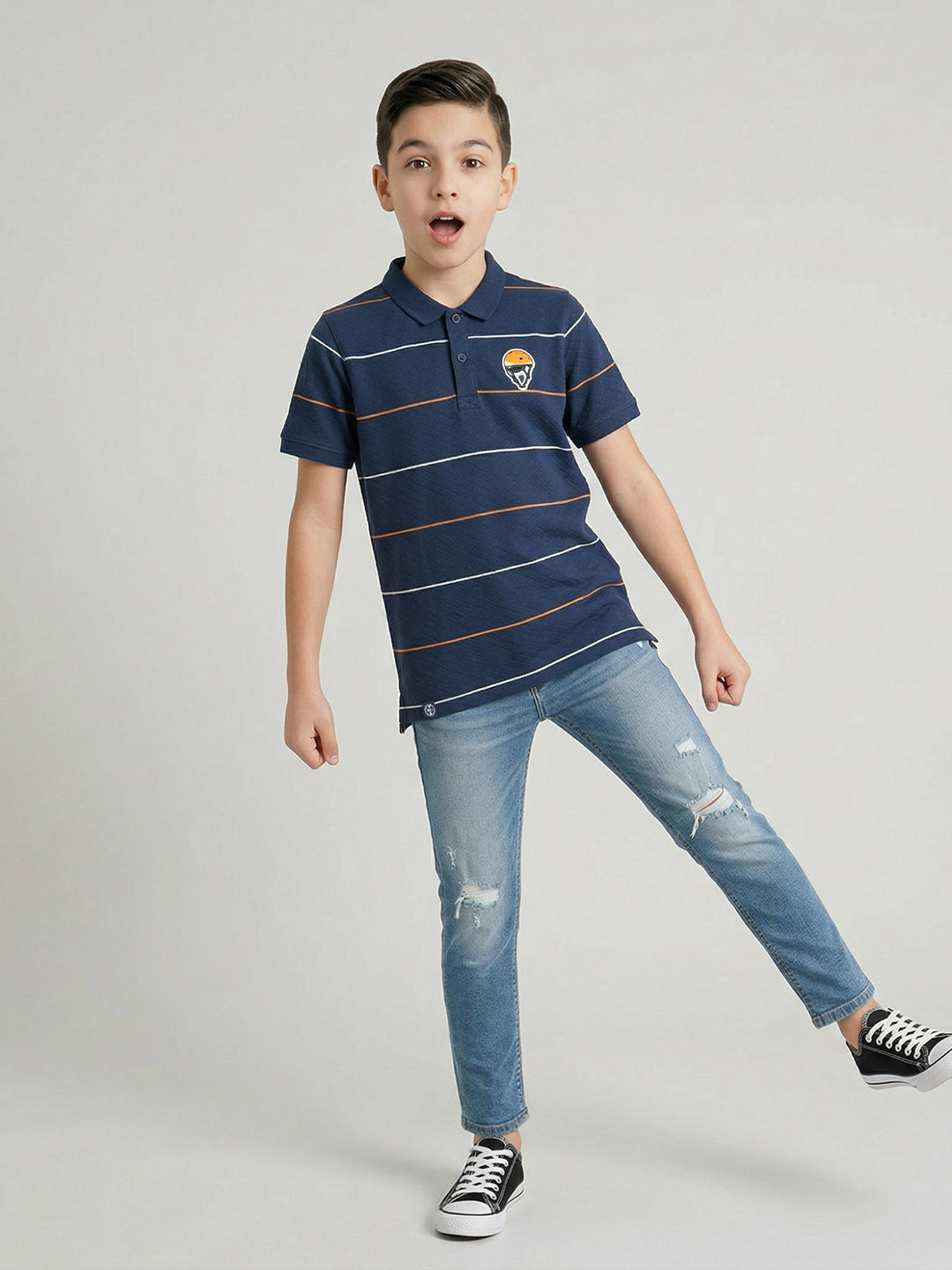 Boys Navy Blue Stripe Collar Half Sleeve T-Shirt