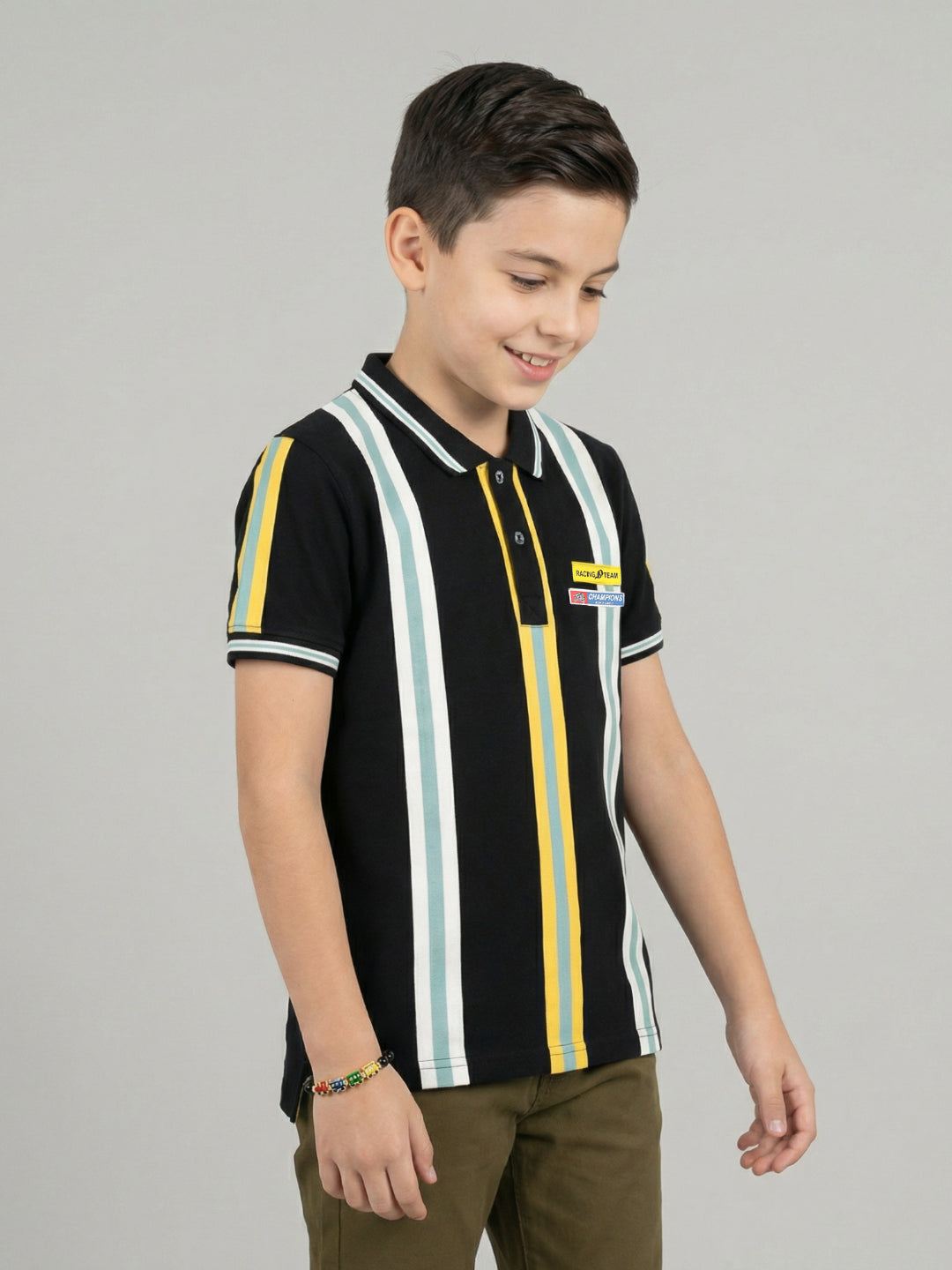 Boys Black Stripe Collar Half Sleeve T-Shirt