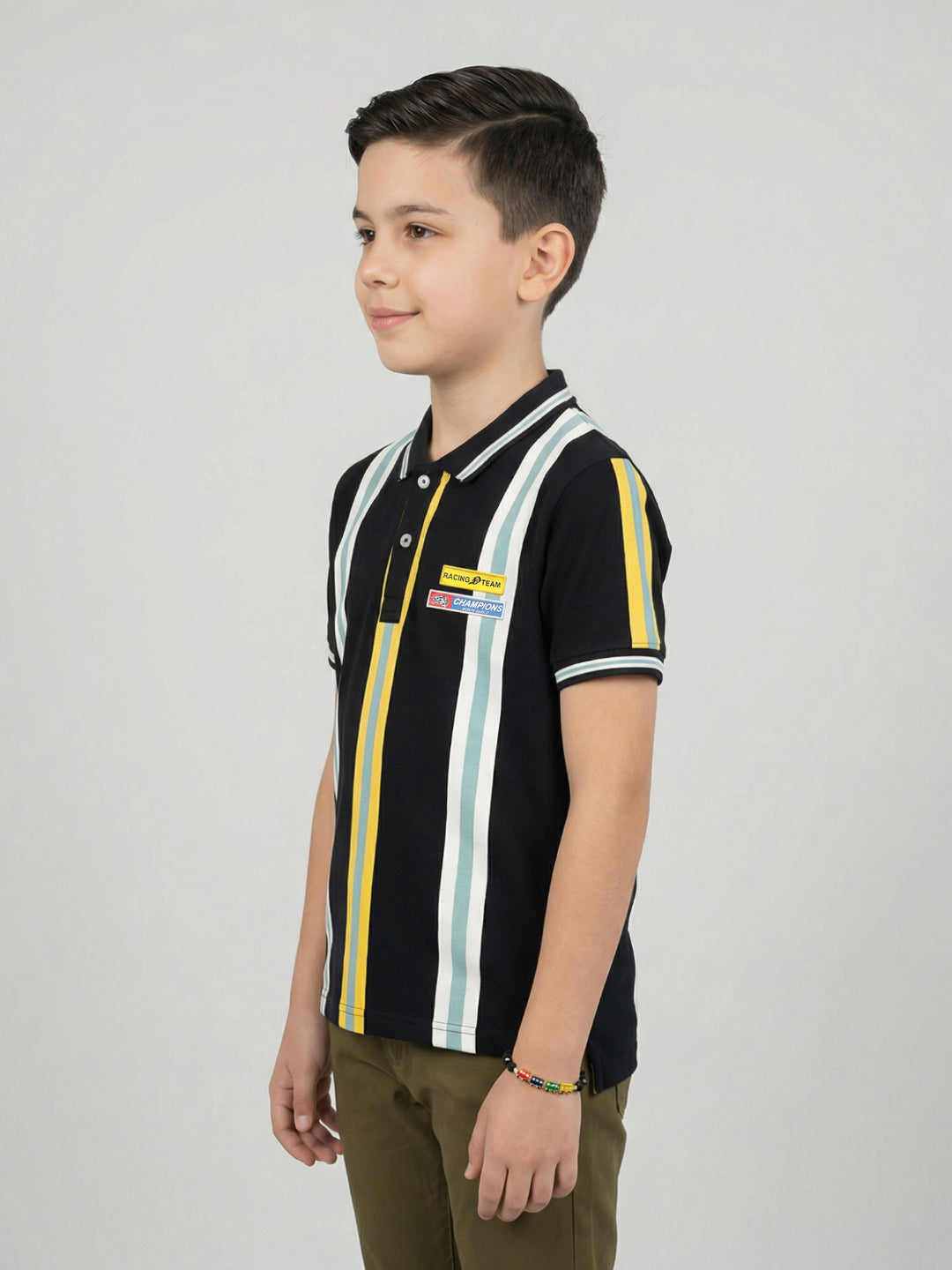 Boys Black Stripe Collar Half Sleeve T-Shirt
