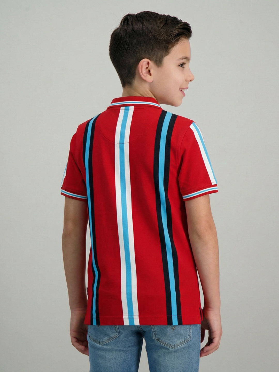 Boys Red Stripe Collar Half Sleeve T-Shirt