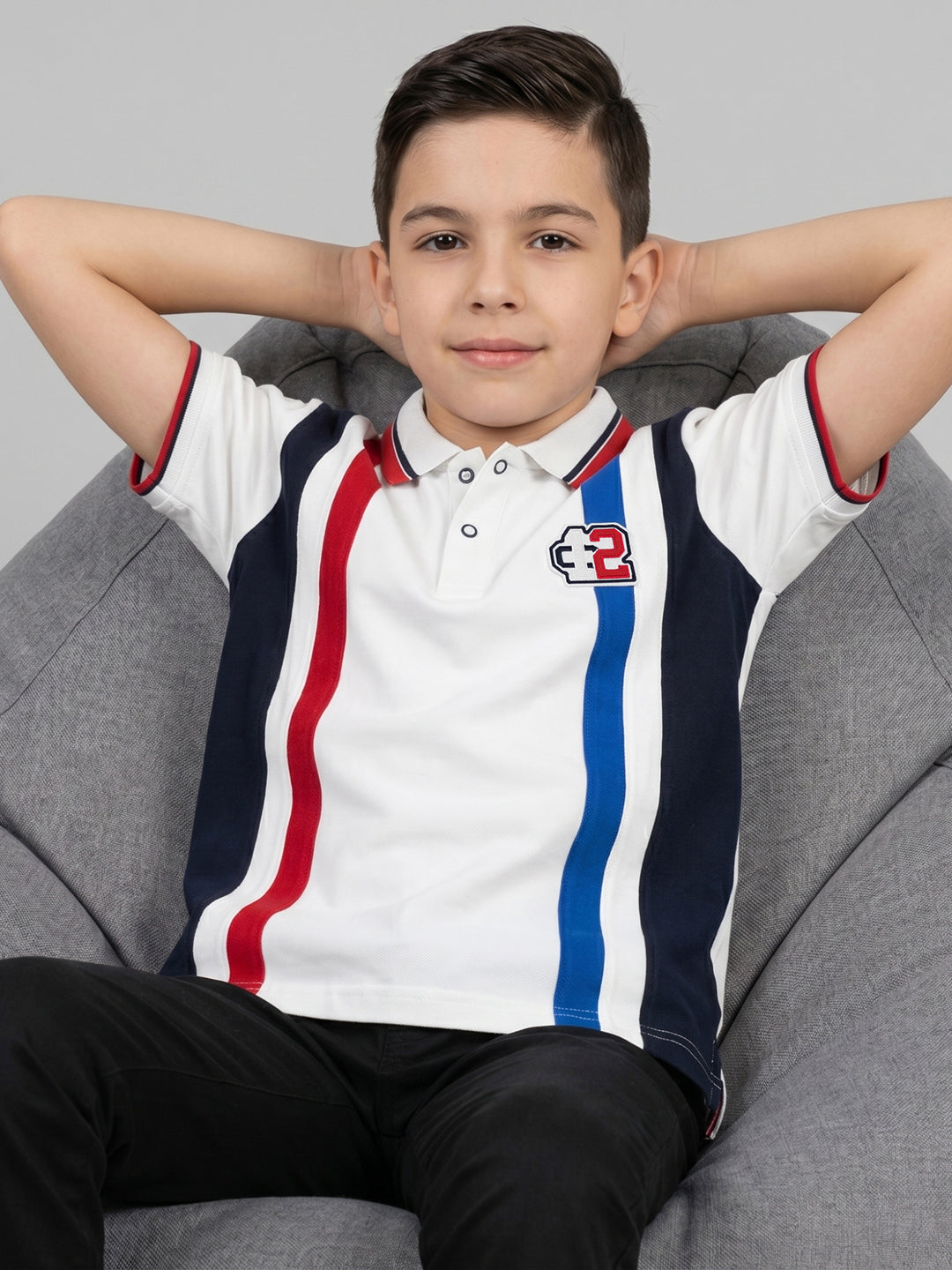 Boys White Printed Collar Half Sleeve T-Shirt