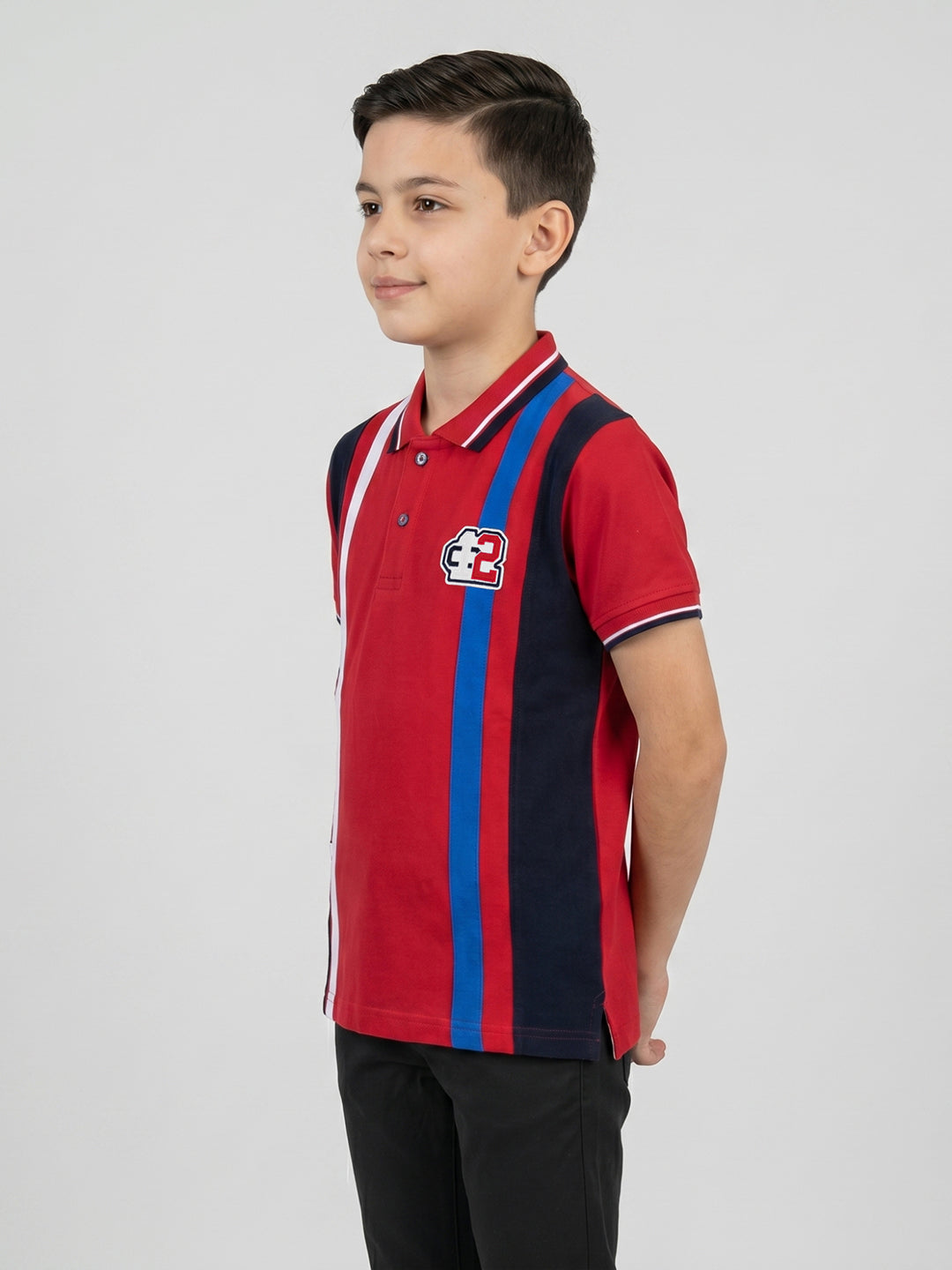 Boys Red Printed Collar Half Sleeve T-Shirt