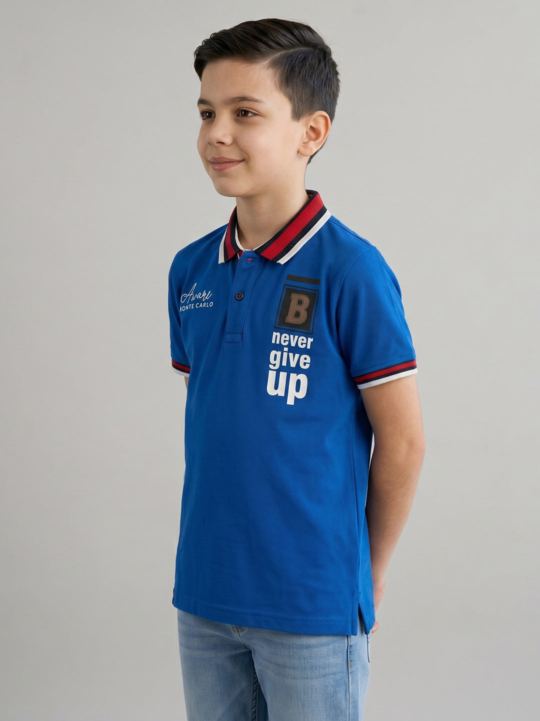 Boys Blue Printed Collar Half Sleeve T-Shirt
