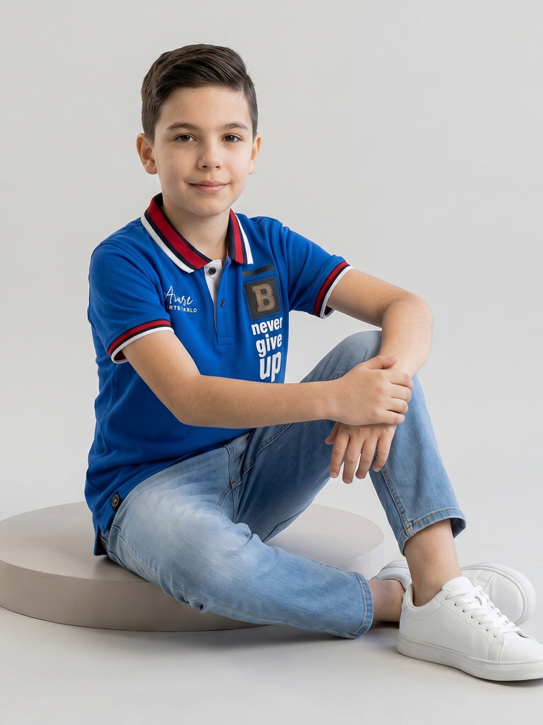 Boys Blue Printed Collar Half Sleeve T-Shirt