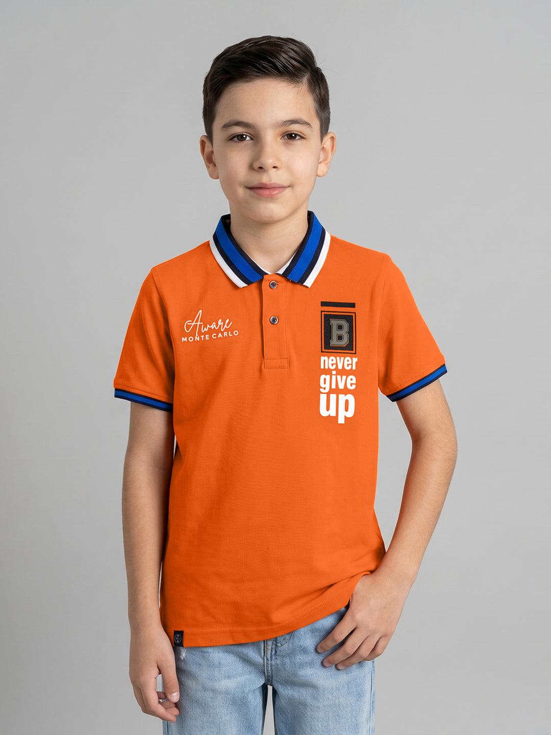 Boys Orange Printed Collar Half Sleeve T-Shirt