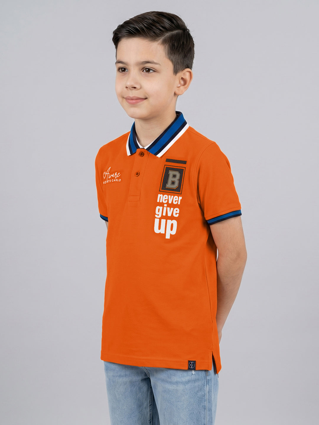 Boys Orange Printed Collar Half Sleeve T-Shirt