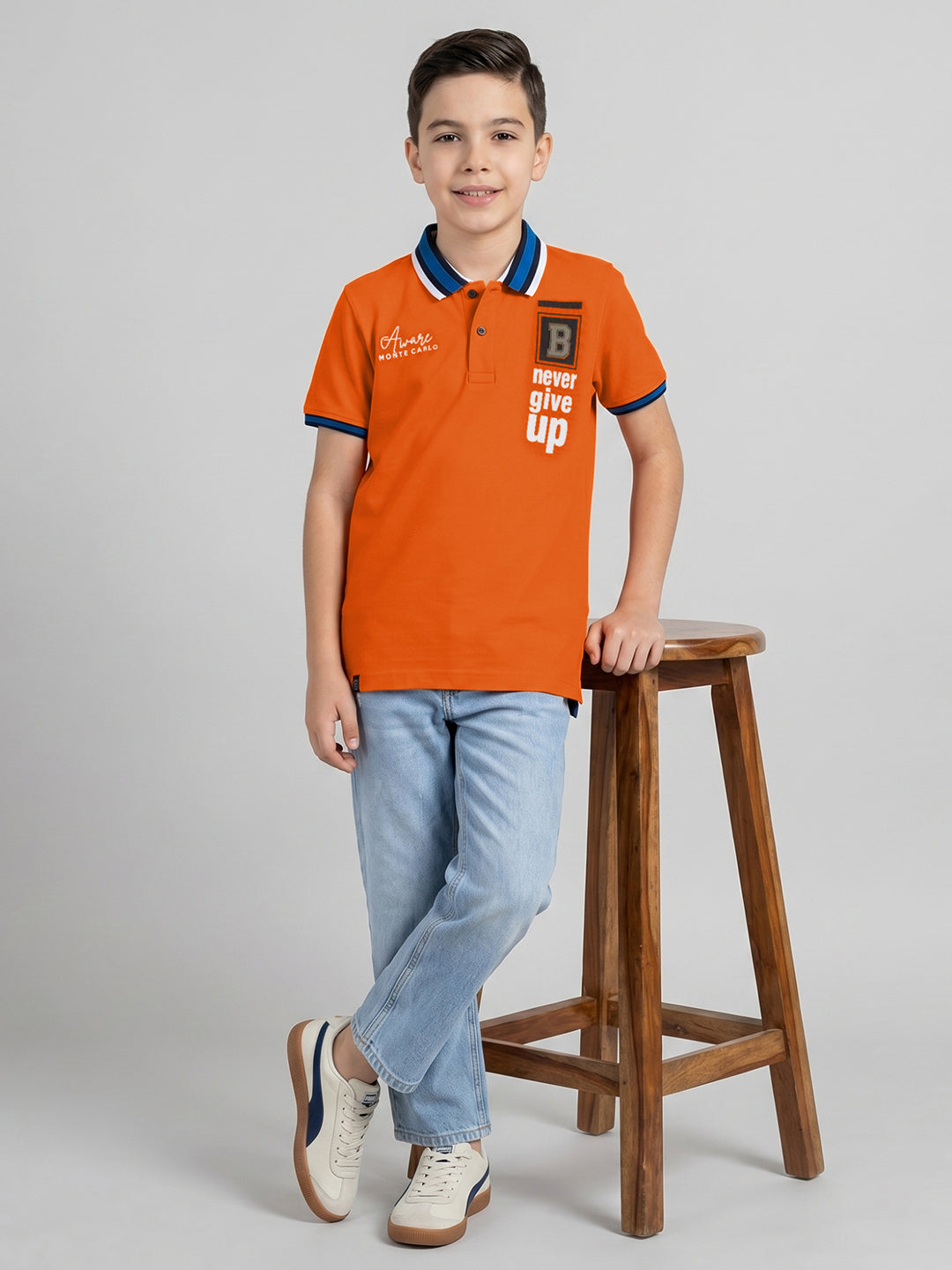 Boys Orange Printed Collar Half Sleeve T-Shirt