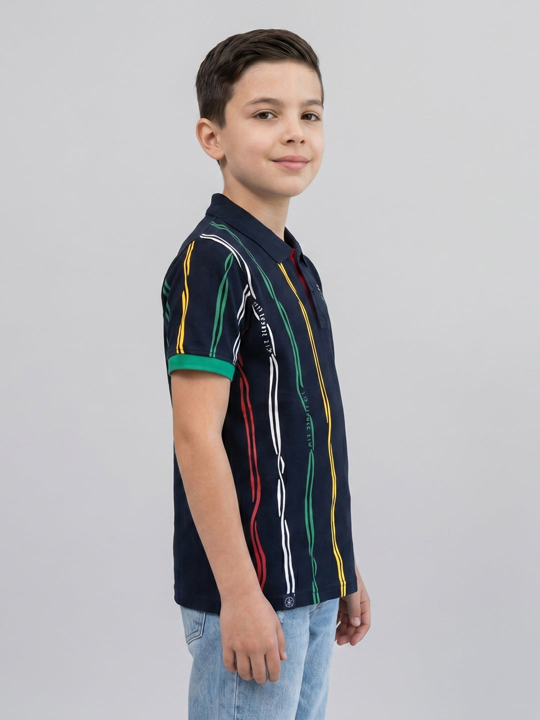 Boys Navy Blue Printed Collar Half Sleeve T-Shirt