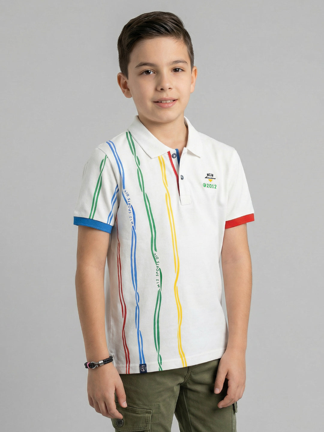 Boys White Printed Collar Half Sleeve T-Shirt