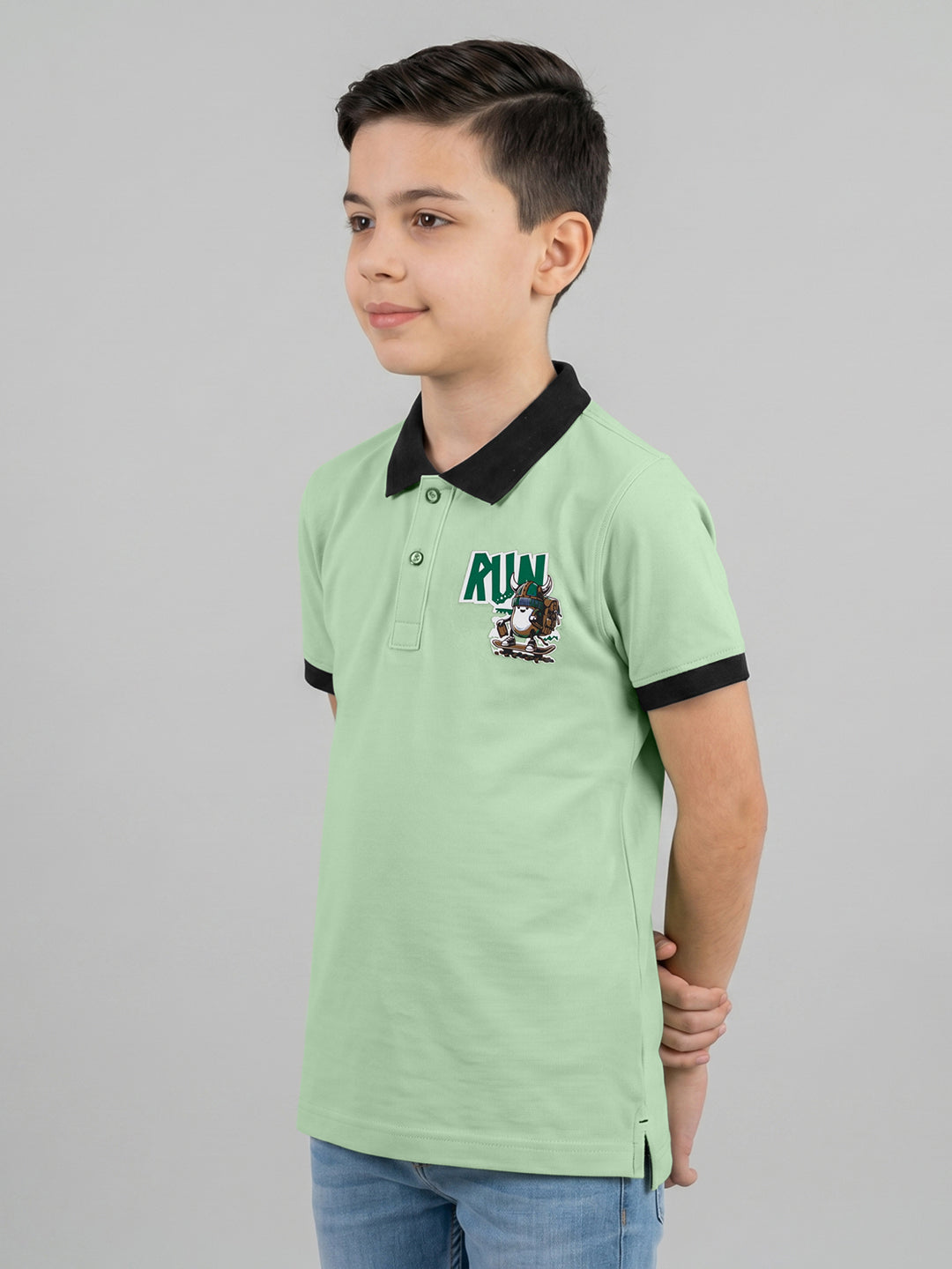 Boys Green Printed Collar Half Sleeve T-Shirt