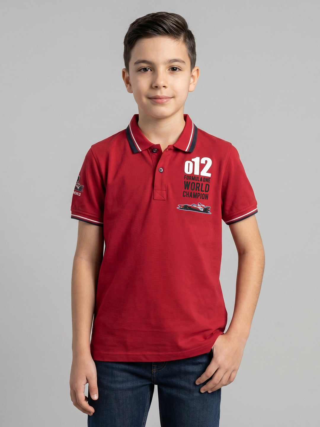 Boys Red Printed Collar Half Sleeve T-Shirt