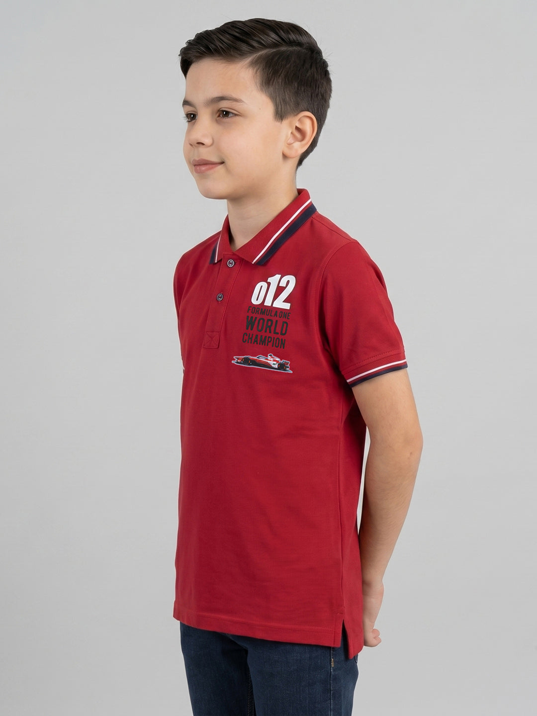 Boys Red Printed Collar Half Sleeve T-Shirt