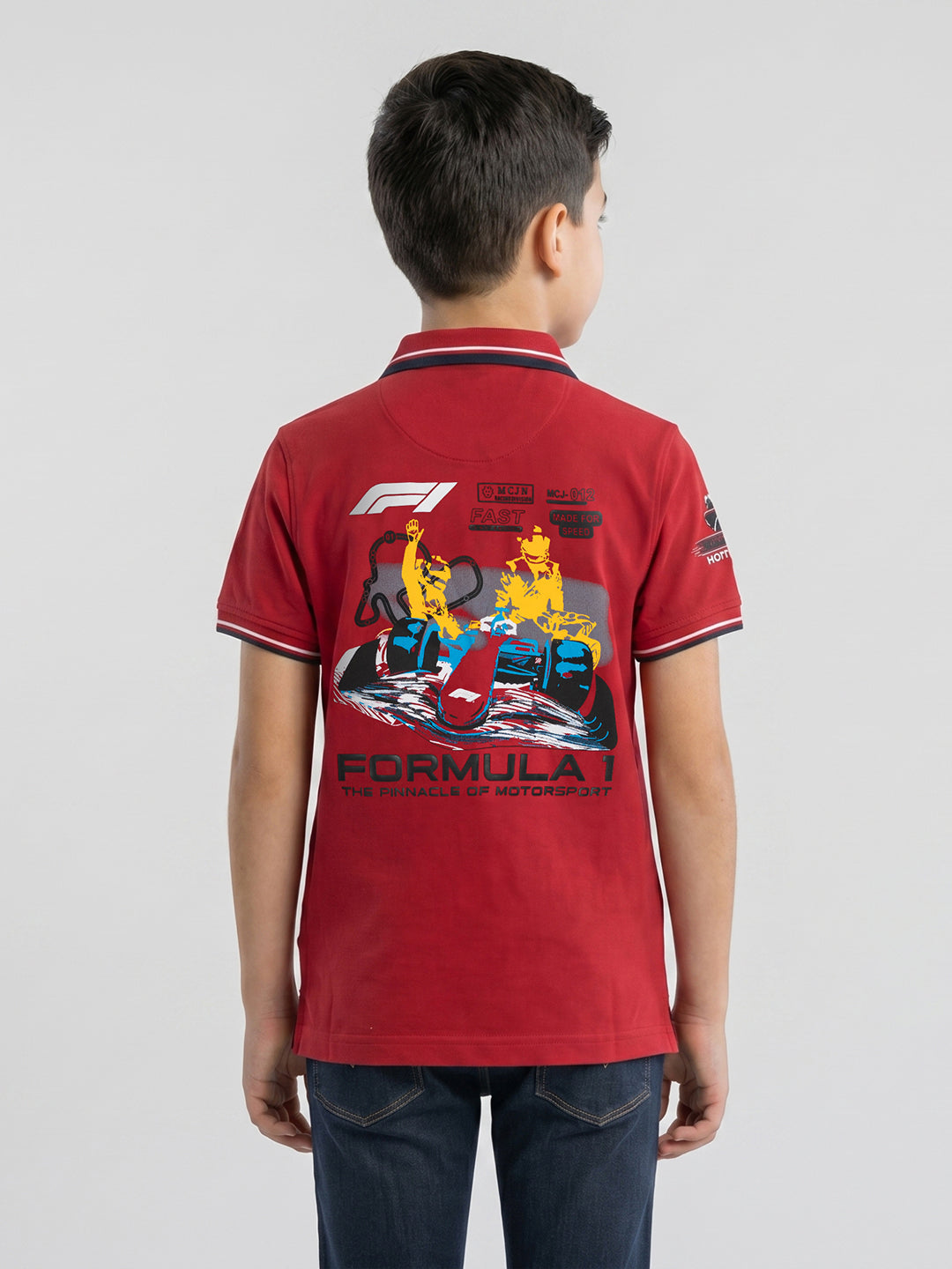 Boys Red Printed Collar Half Sleeve T-Shirt