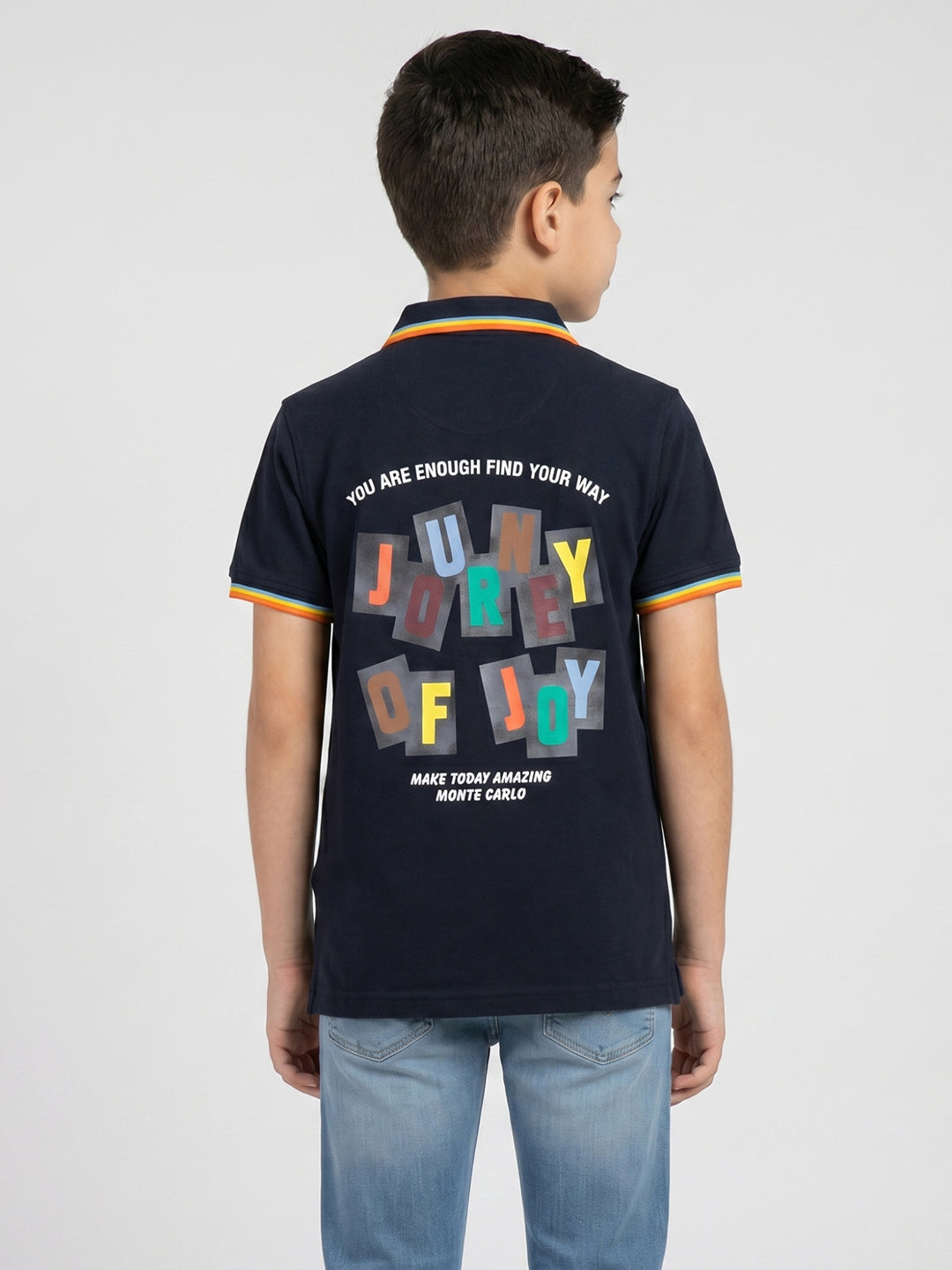 Boys Navy Blue Printed Collar Half Sleeve T-Shirt