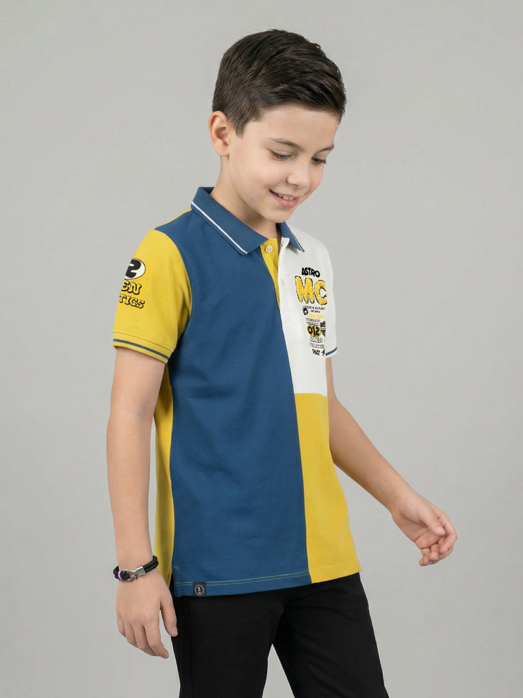 Boys Yellow Printed Collar Half Sleeve T-Shirt