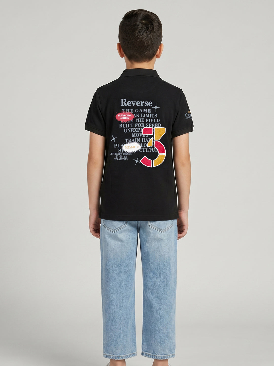 Boys Black Printed Collar Half Sleeve T-Shirt