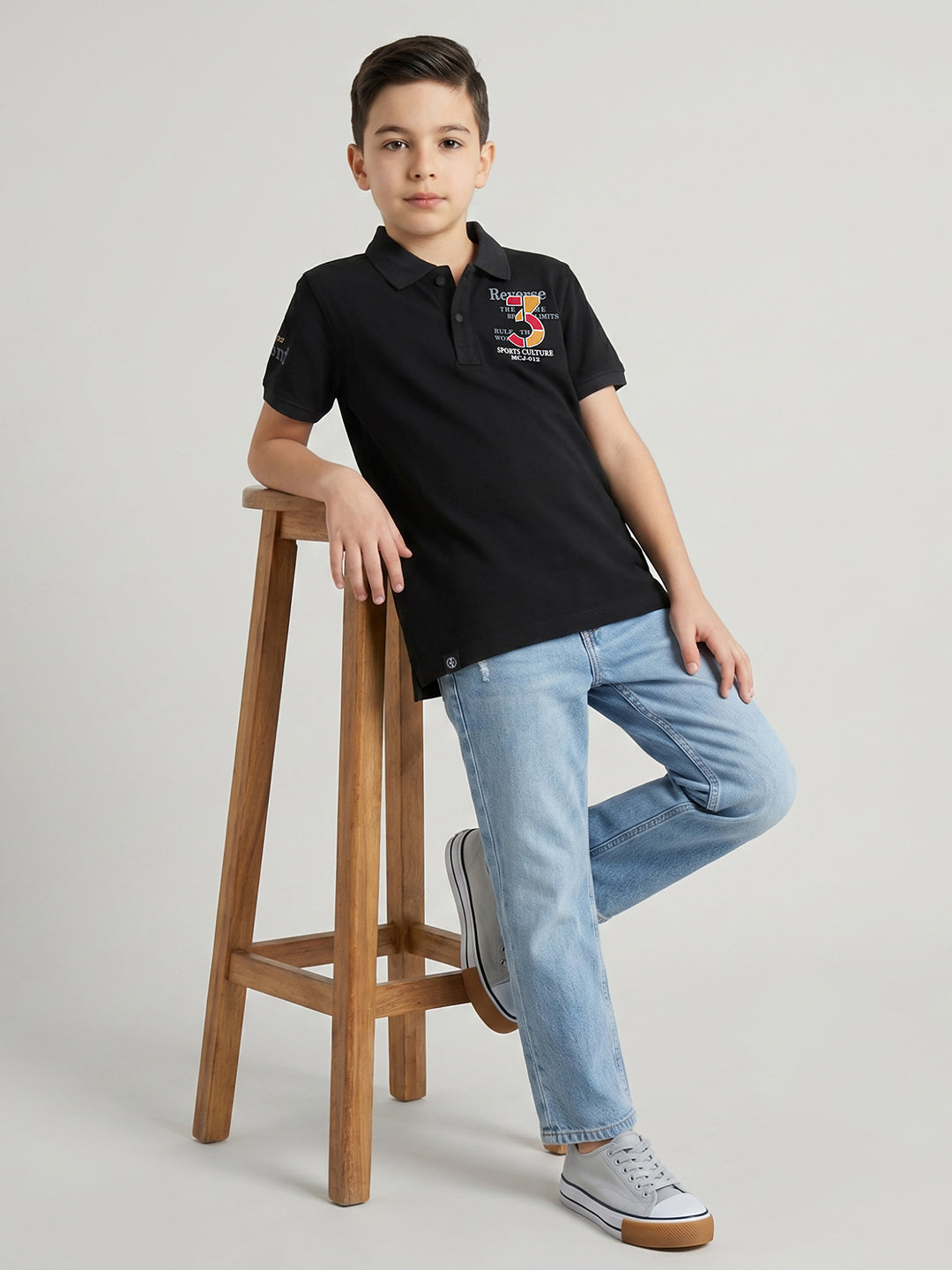Boys Black Printed Collar Half Sleeve T-Shirt