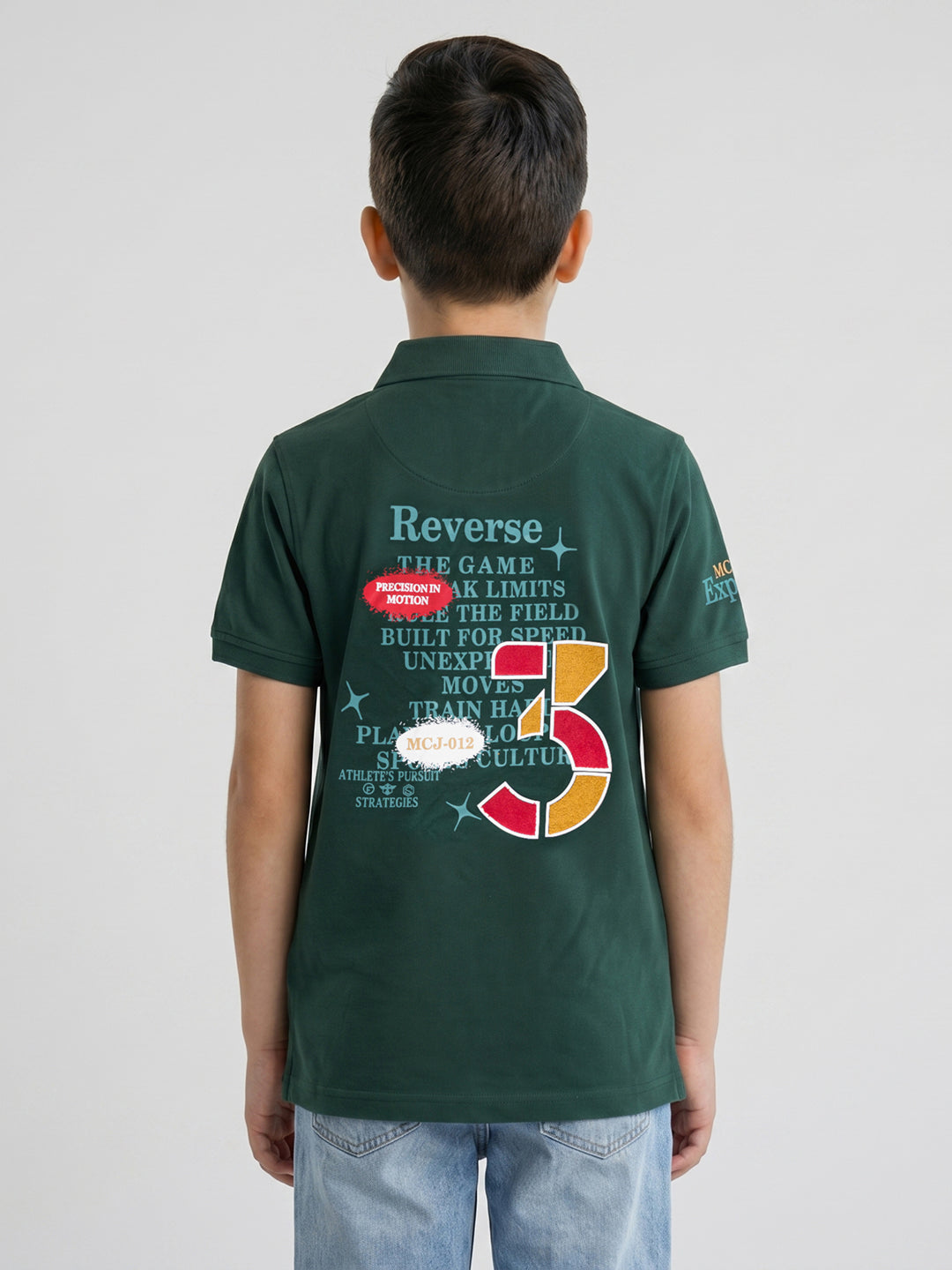 Boys Green Printed Collar Half Sleeve T-Shirt