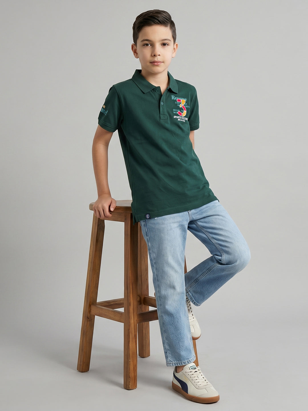 Boys Green Printed Collar Half Sleeve T-Shirt