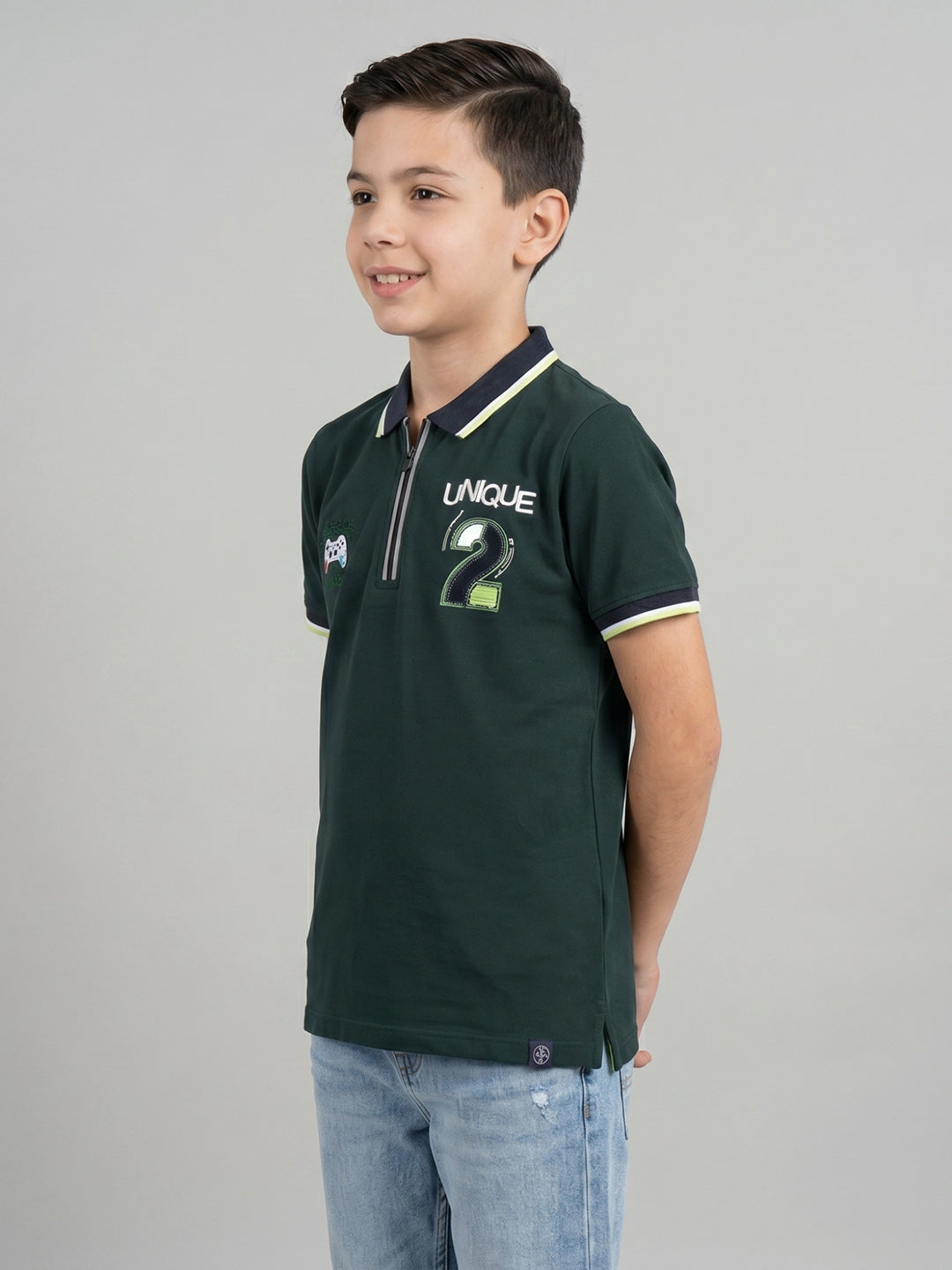 Boys Dark Green Printed Collar Half Sleeve T-Shirt