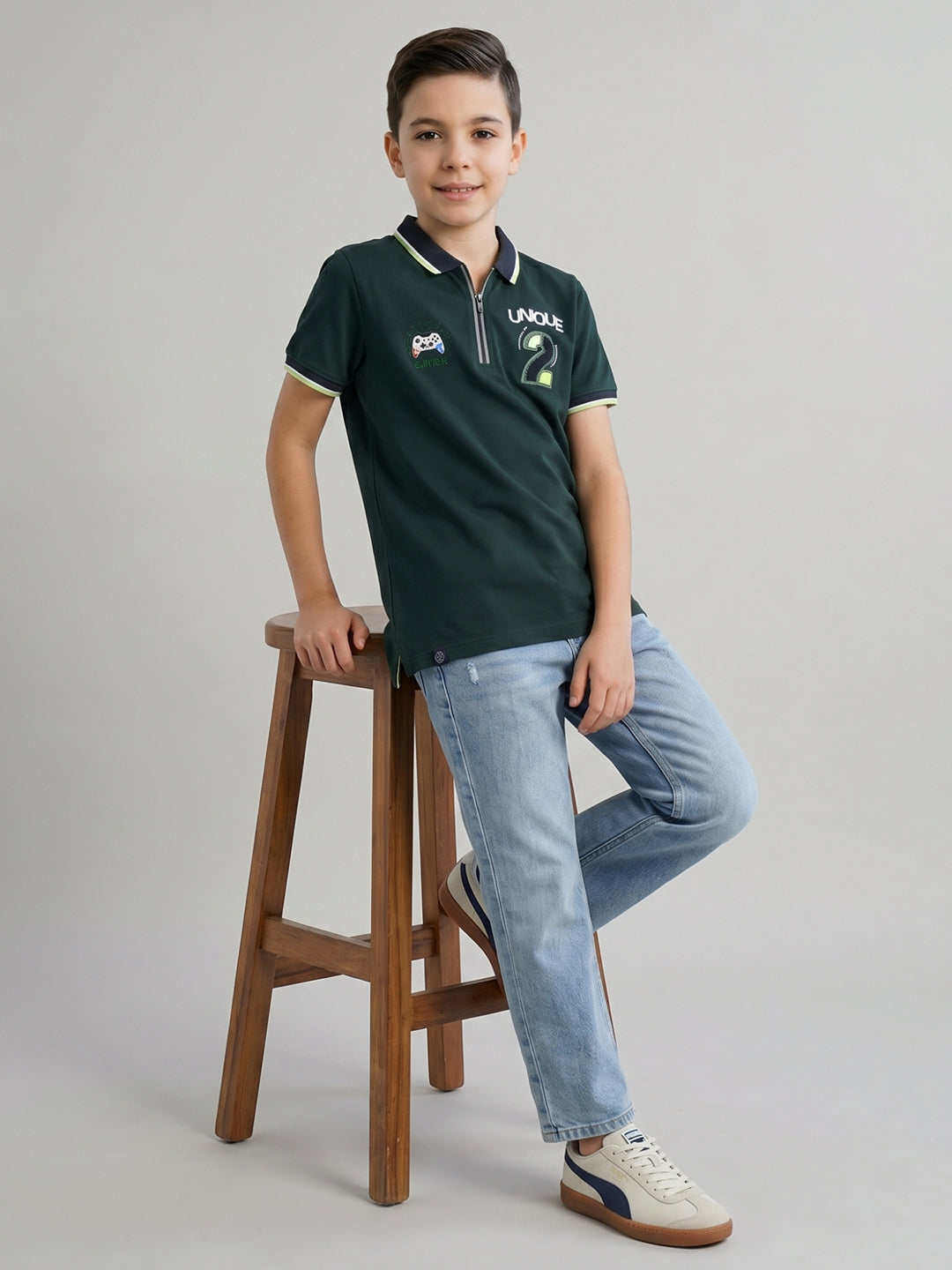 Boys Dark Green Printed Collar Half Sleeve T-Shirt