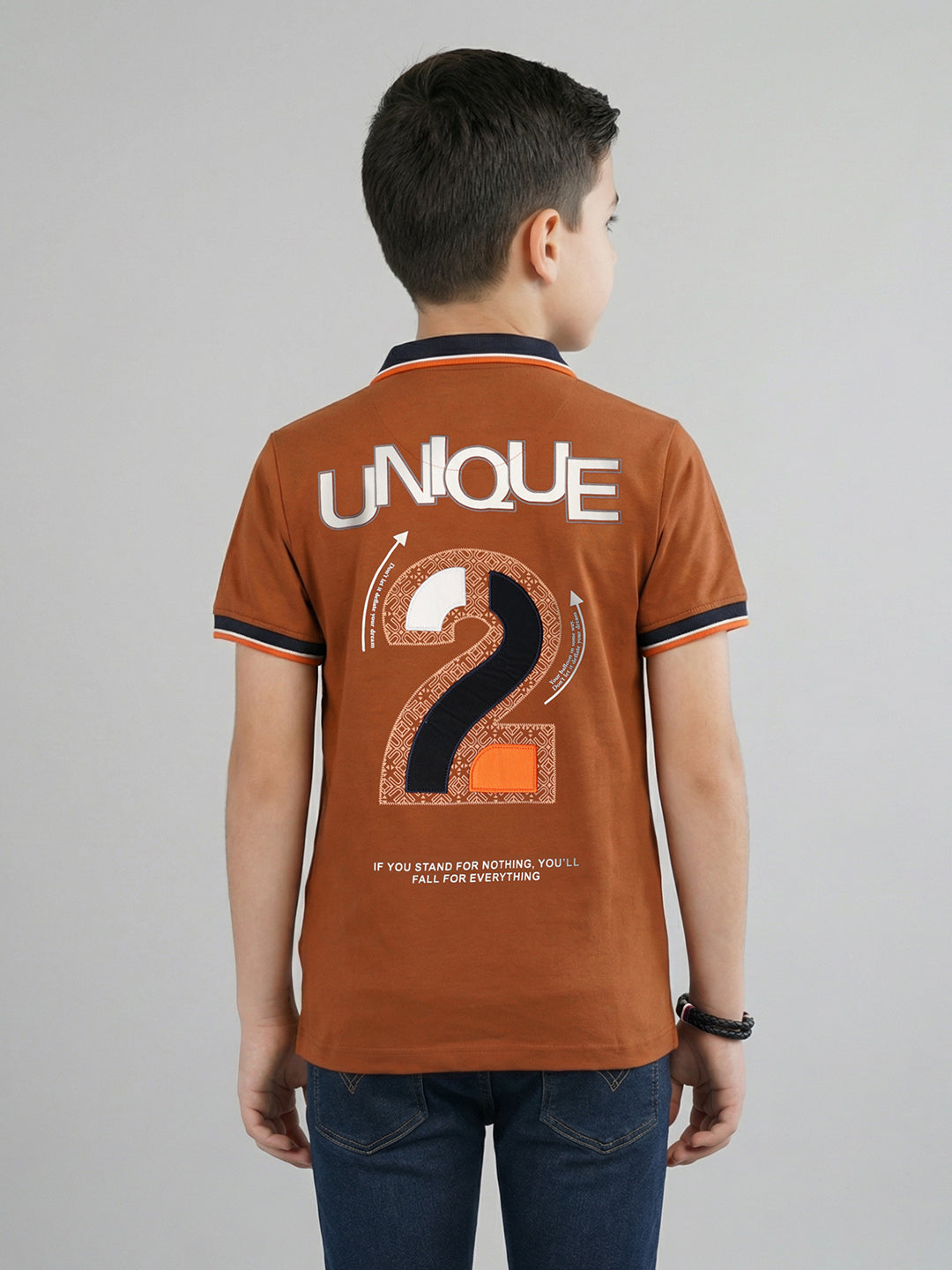 Boys Tan Printed Collar Half Sleeve T-Shirt