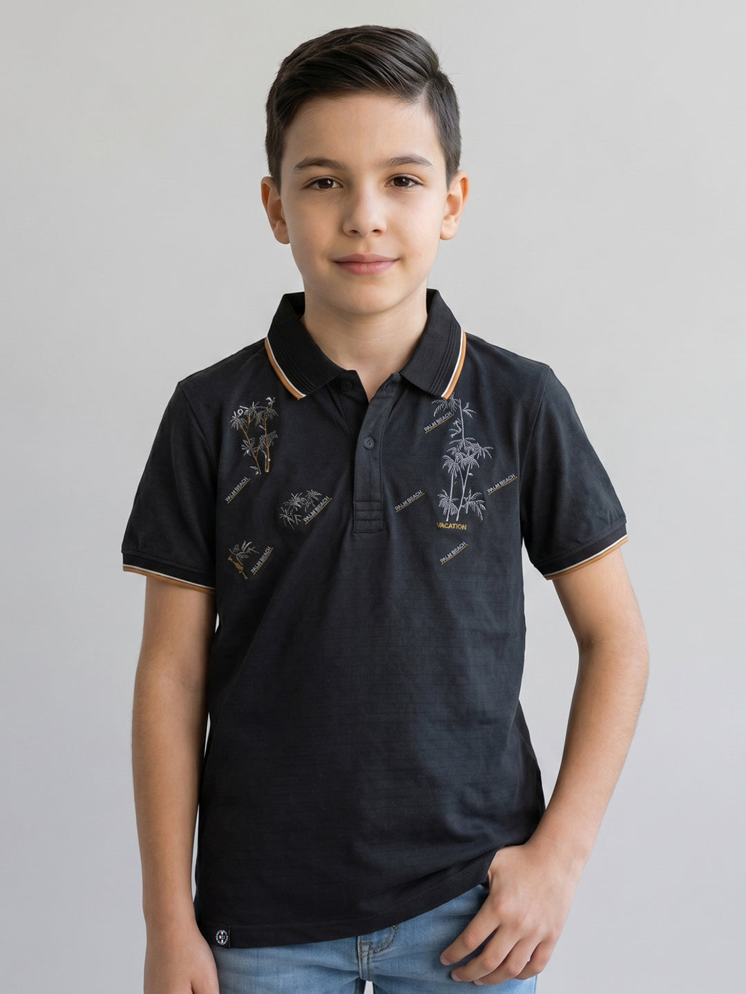 Boys Black Printed Collar Half Sleeve T-Shirt