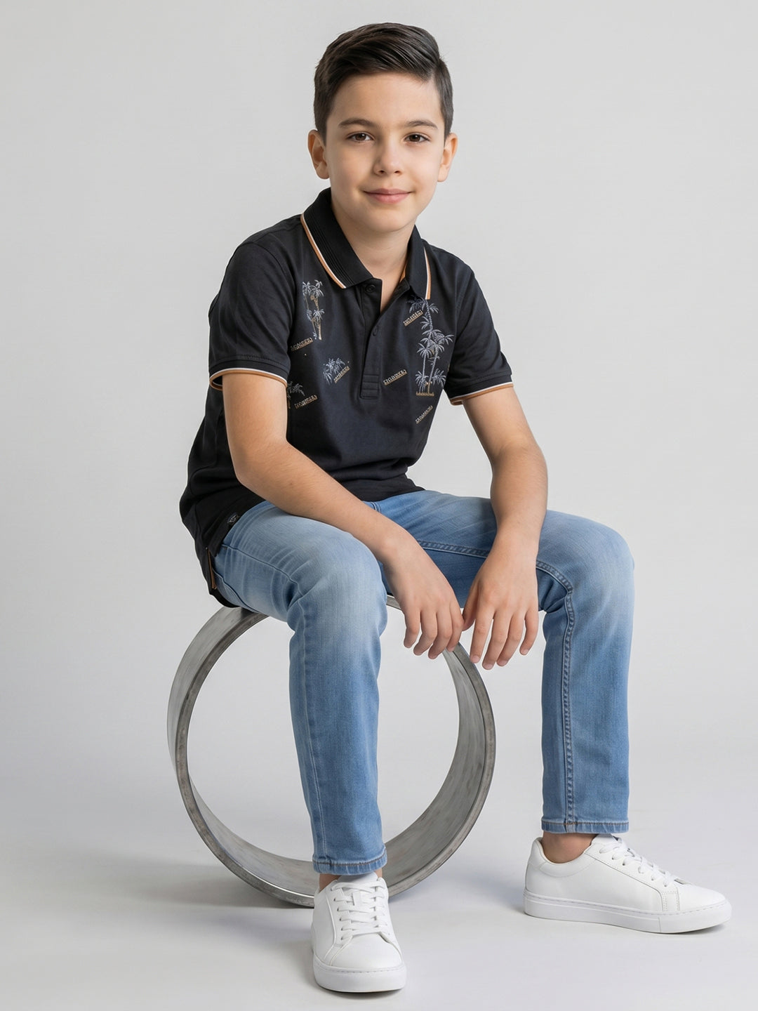 Boys Black Printed Collar Half Sleeve T-Shirt