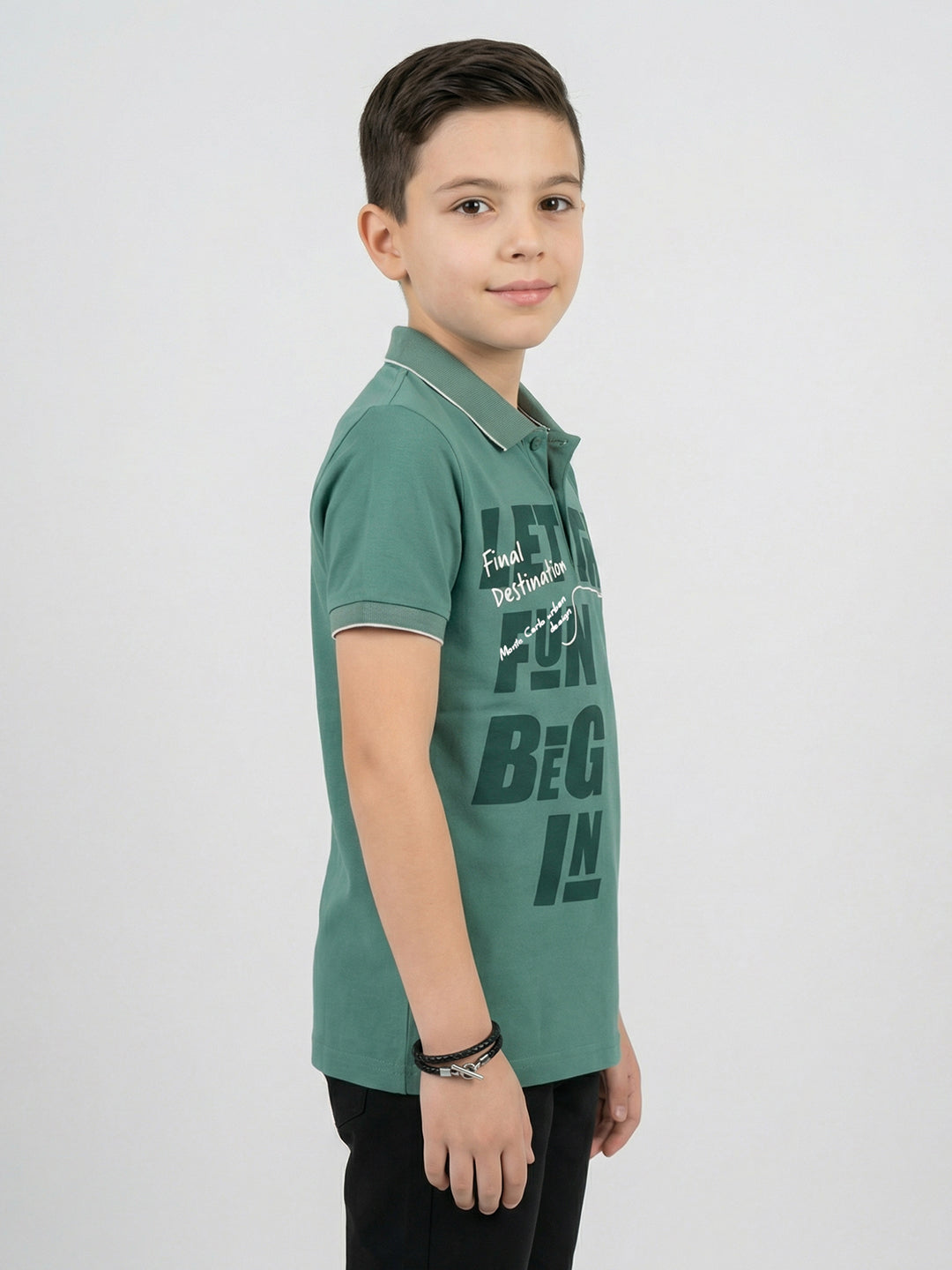 Boys Olive Printed Collar Half Sleeve T-Shirt