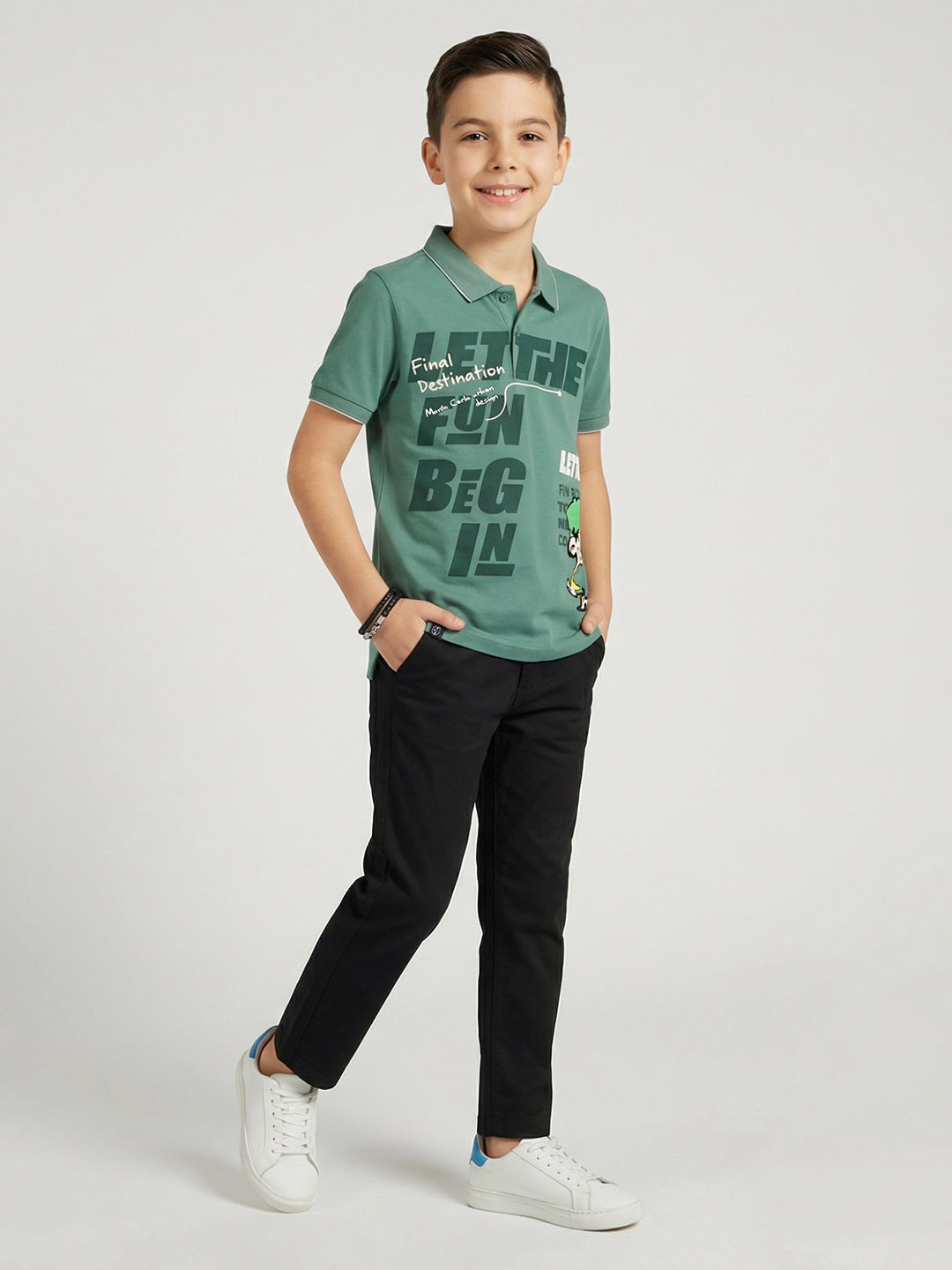 Boys Olive Printed Collar Half Sleeve T-Shirt