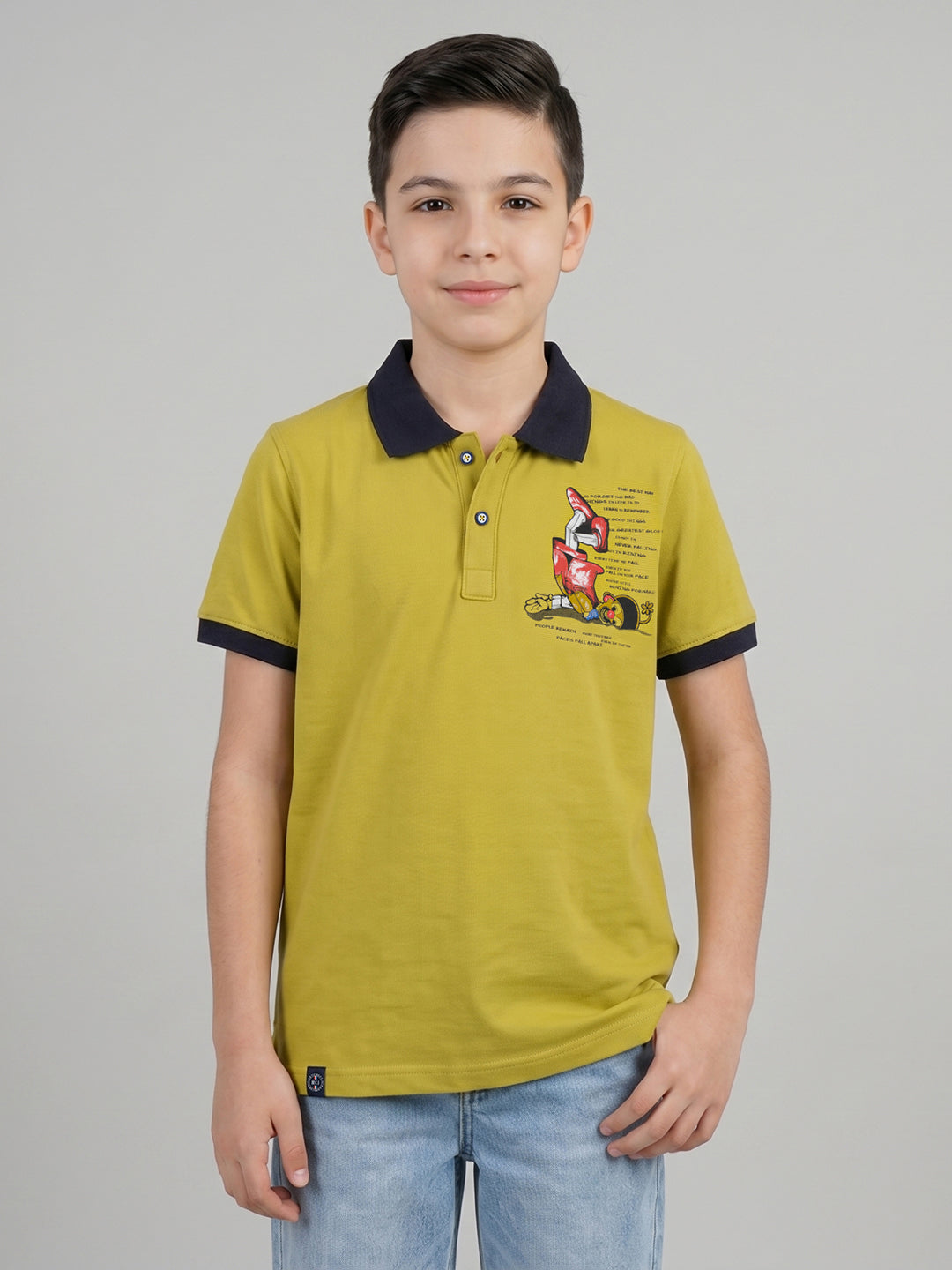 Boys Mustard Printed Collar Half Sleeve T-Shirt