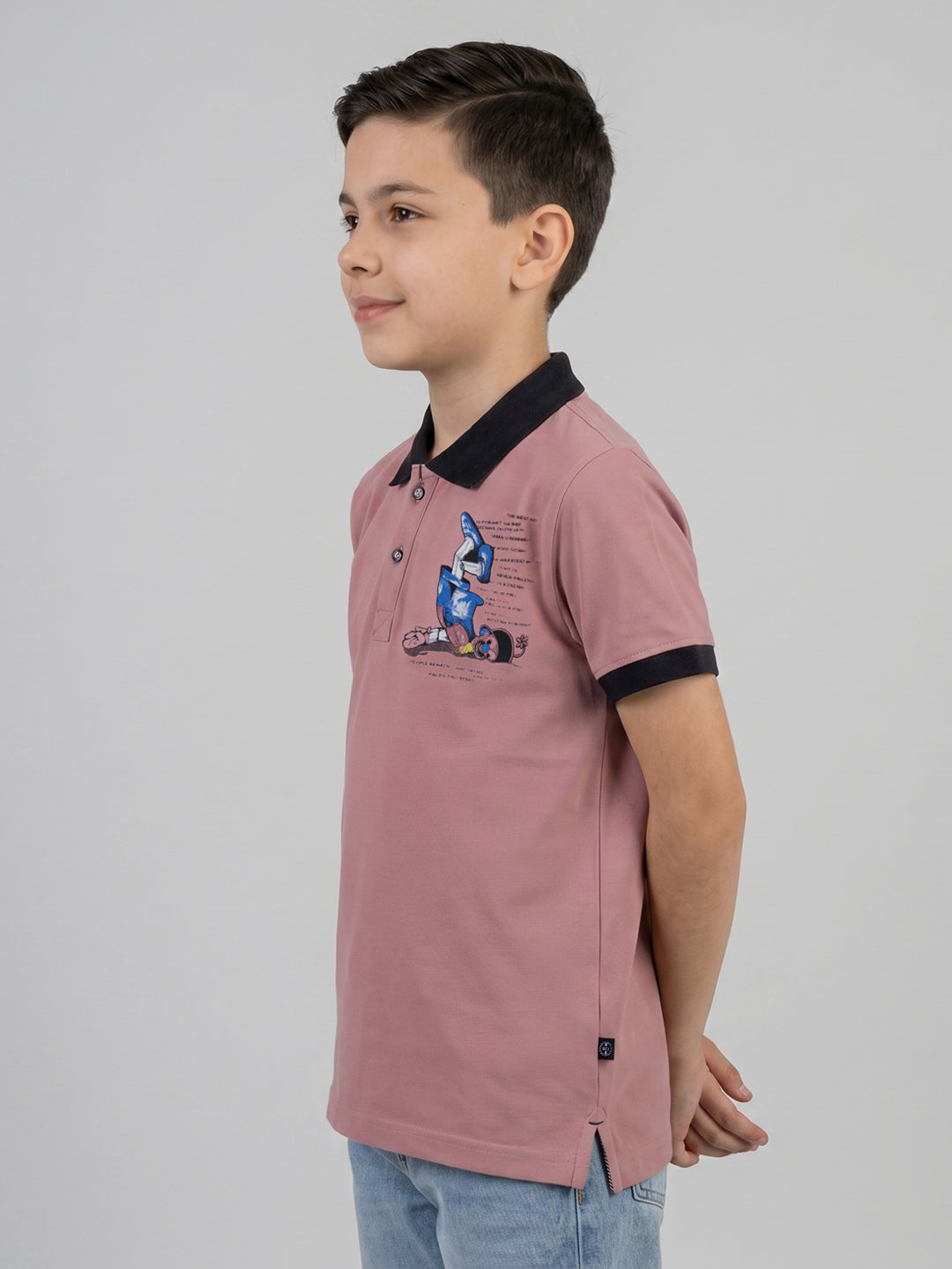 Boys Rose Red Printed Collar Half Sleeve T-Shirt