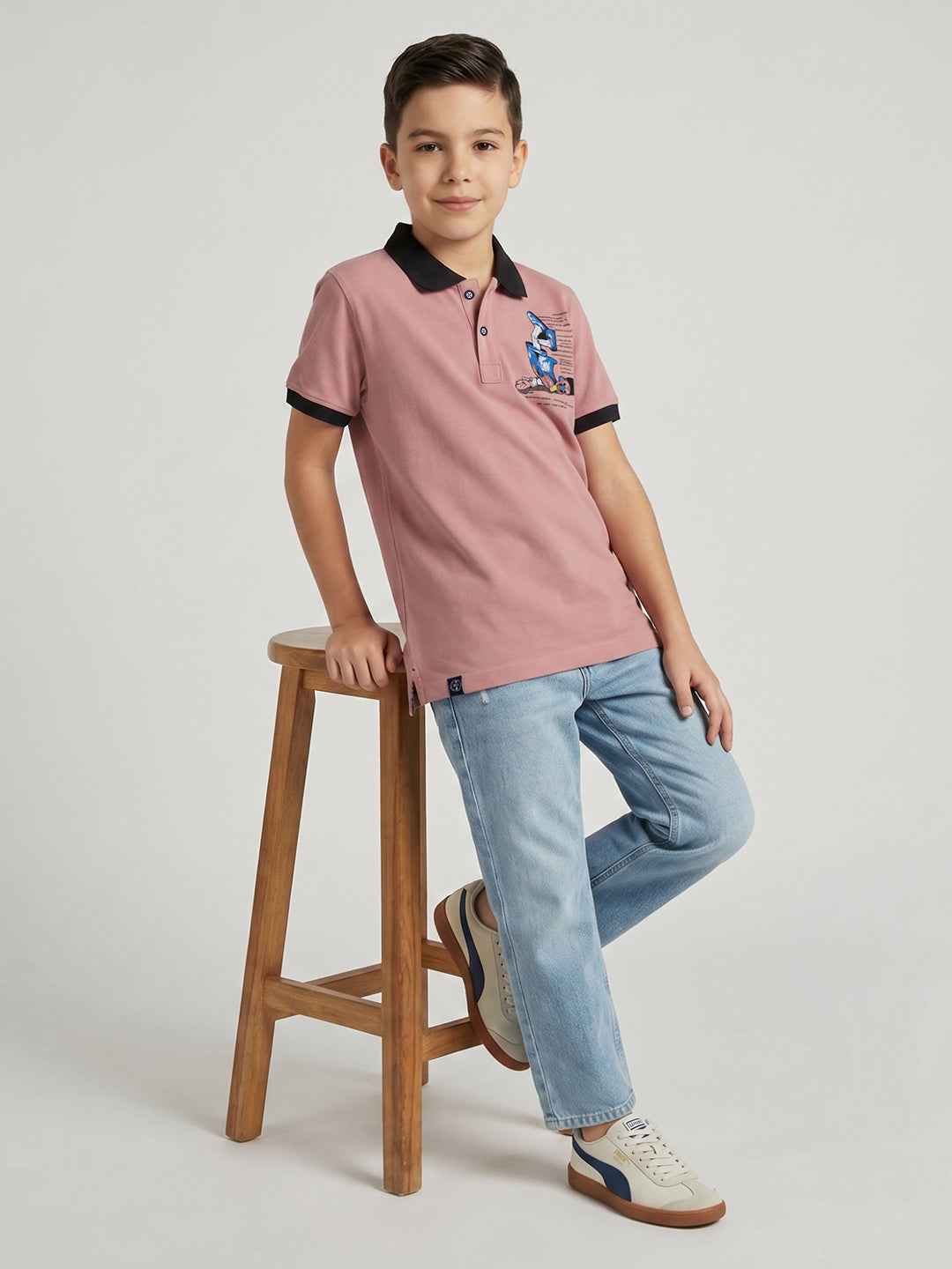 Boys Rose Red Printed Collar Half Sleeve T-Shirt