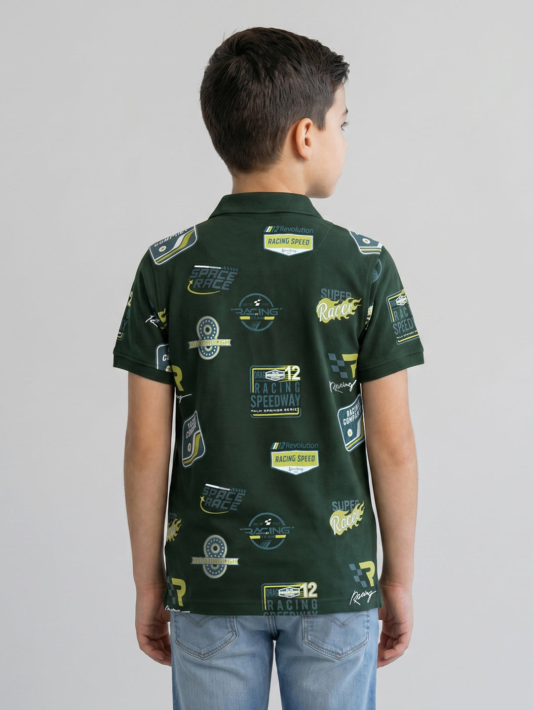 Boys Dark Green Printed Collar Half Sleeve T-Shirt