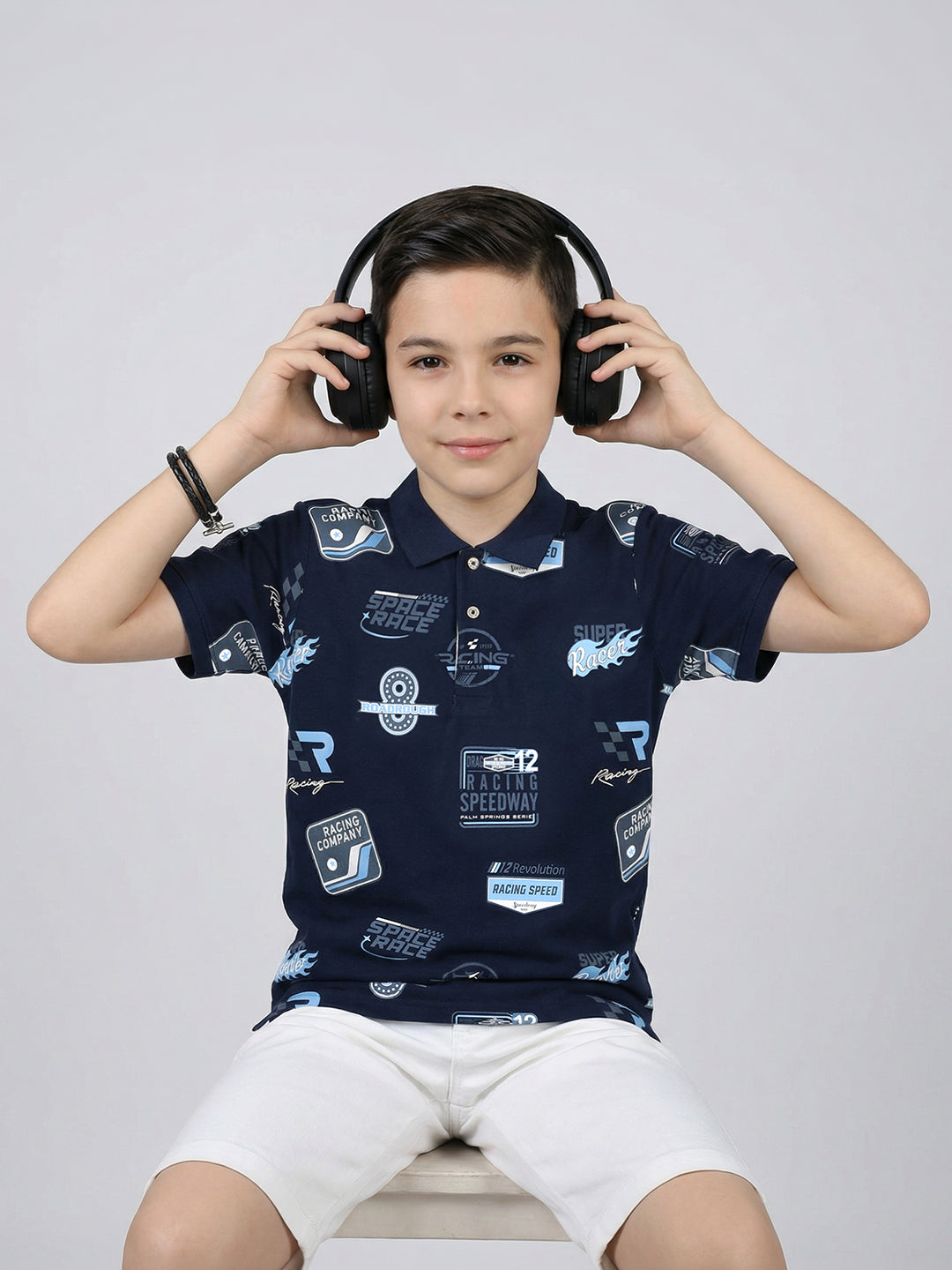 Boys Navy Blue Printed Collar Half Sleeve T-Shirt