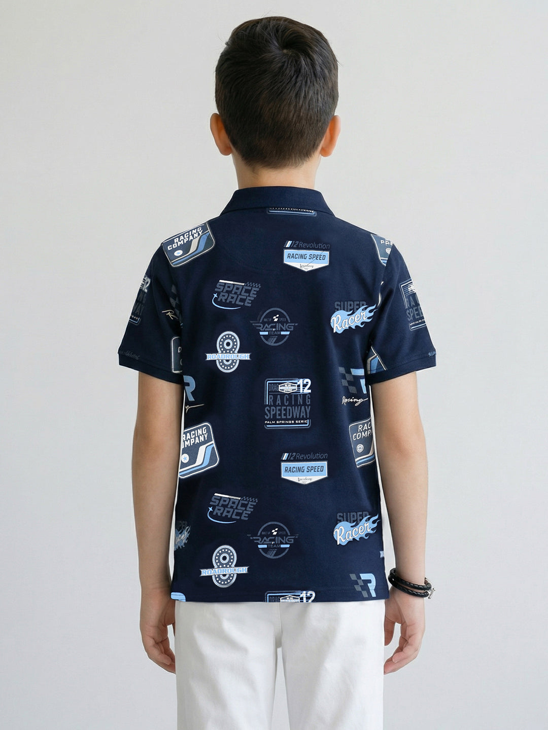 Boys Navy Blue Printed Collar Half Sleeve T-Shirt