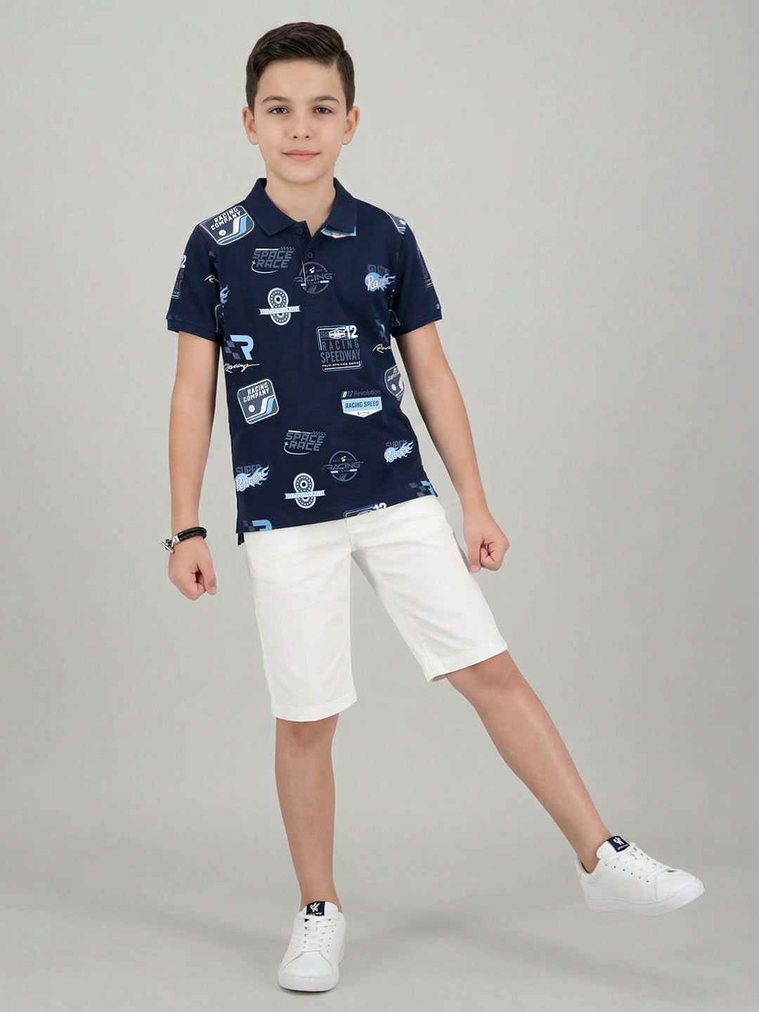 Boys Navy Blue Printed Collar Half Sleeve T-Shirt