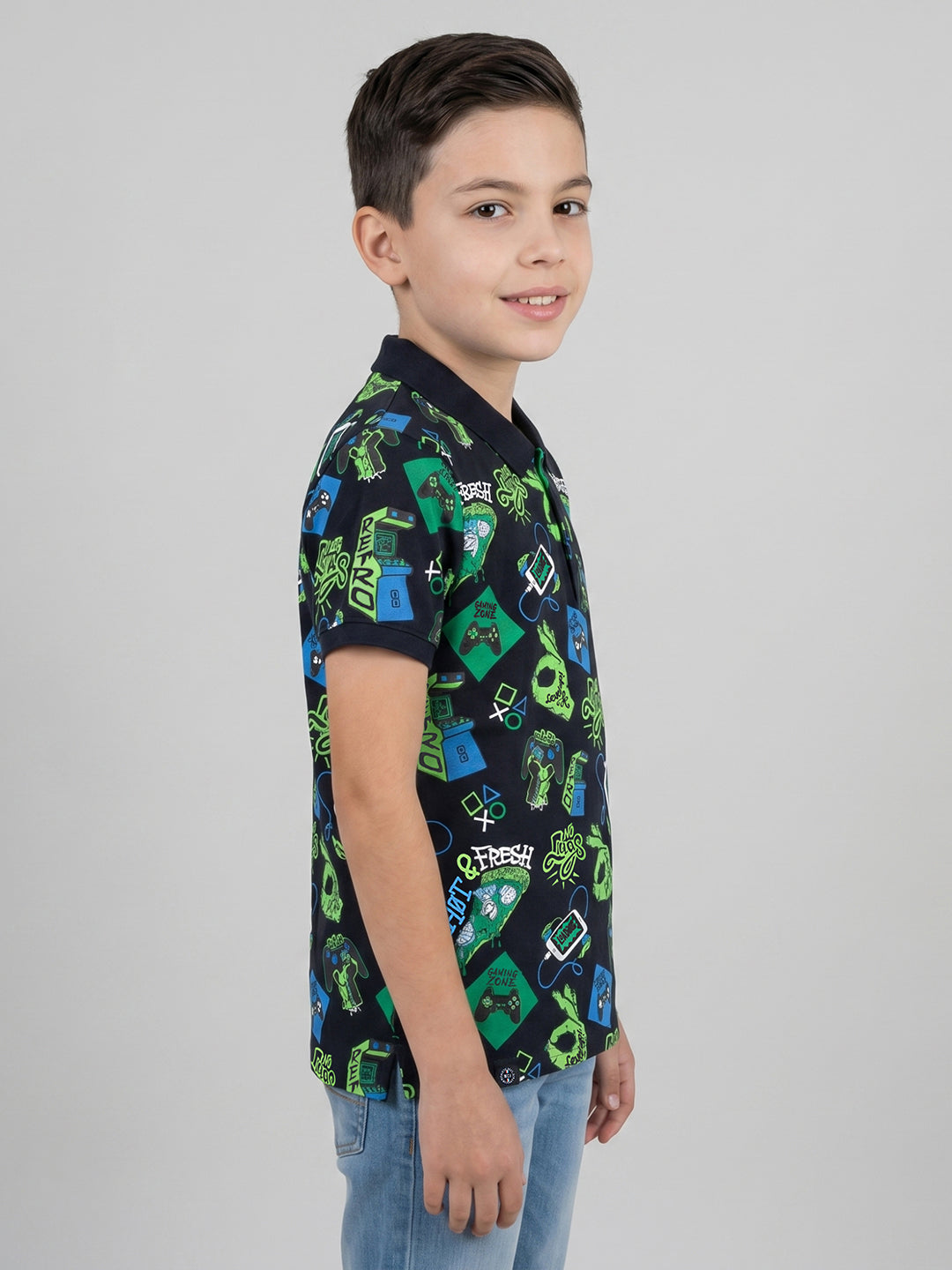 Boys Navy Blue Printed Collar Half Sleeve T-Shirt