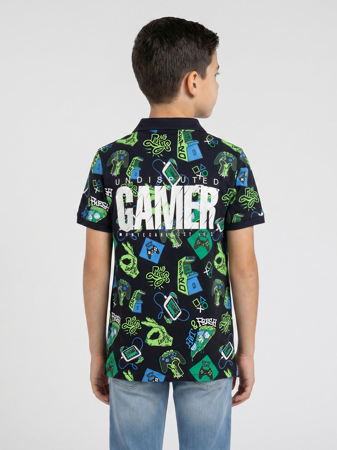 Boys Navy Blue Printed Collar Half Sleeve T-Shirt