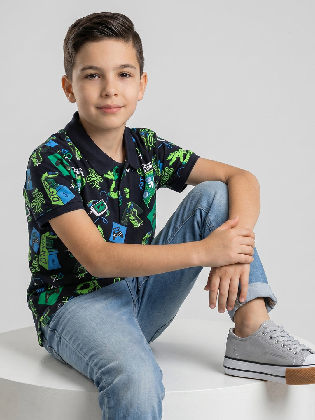 Boys Navy Blue Printed Collar Half Sleeve T-Shirt