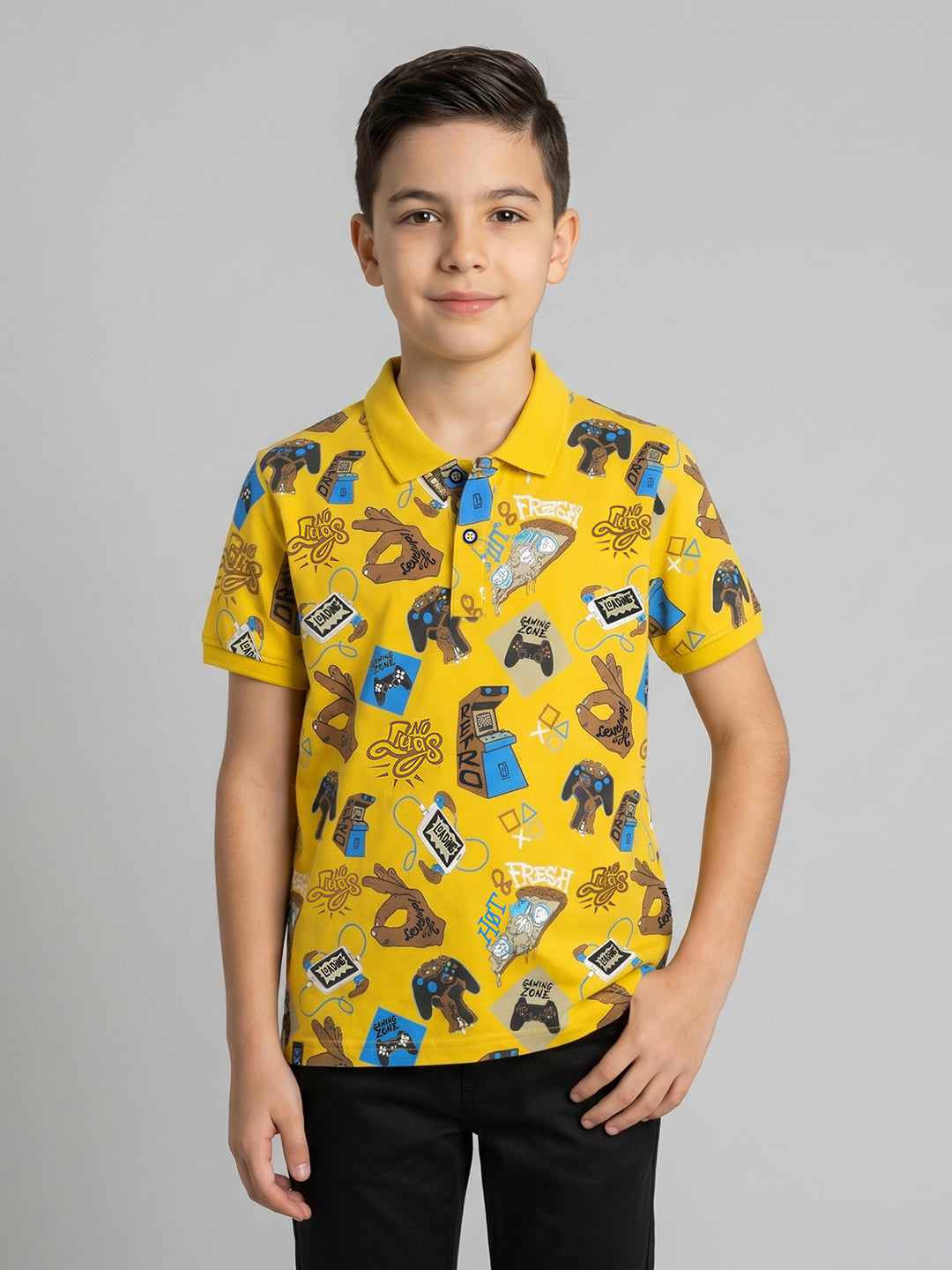 Boys Mustard Printed Collar Half Sleeve T-Shirt