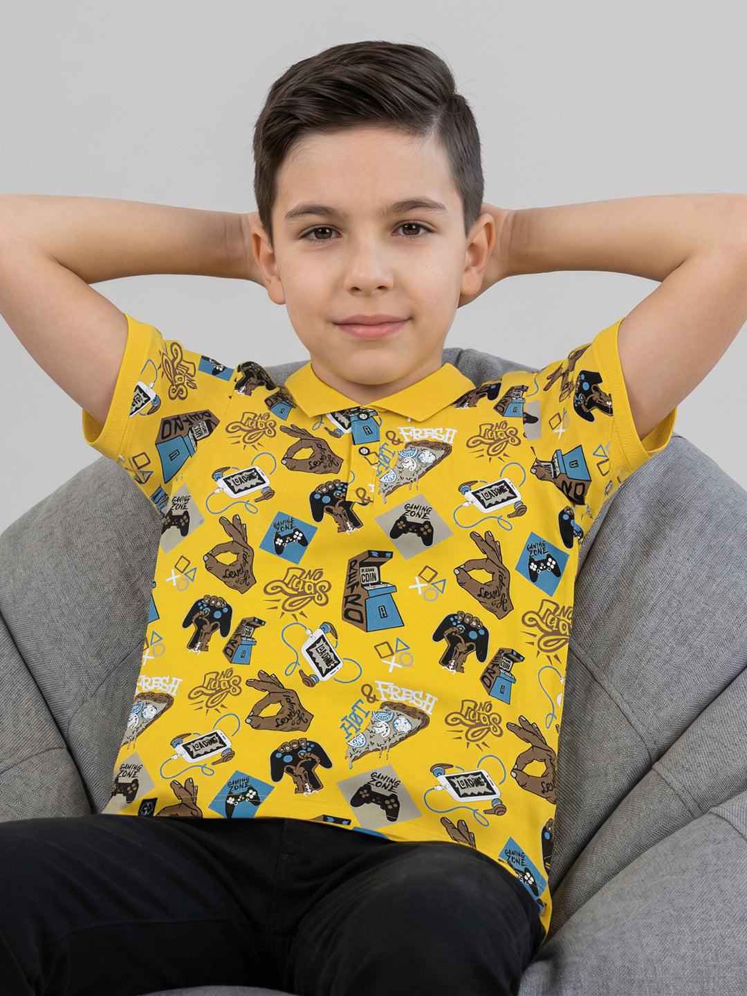 Boys Mustard Printed Collar Half Sleeve T-Shirt
