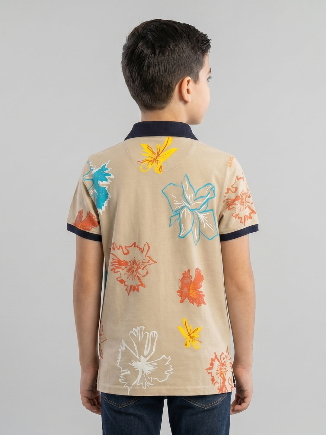Boys Beige Printed Collar Half Sleeve T-Shirt