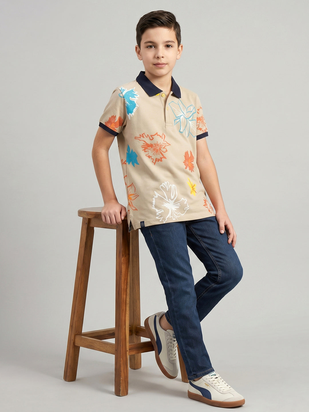 Boys Beige Printed Collar Half Sleeve T-Shirt
