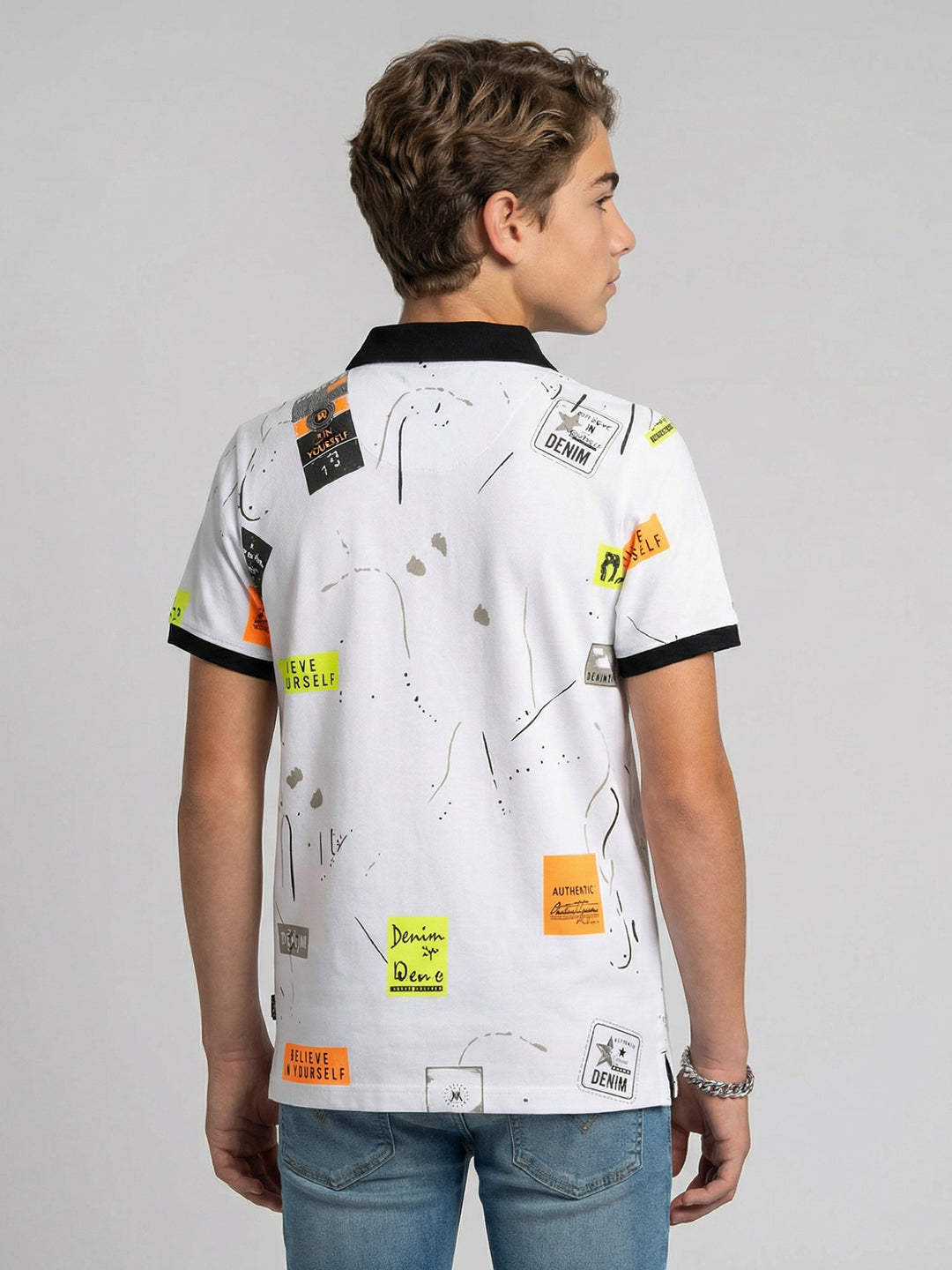 Boys White Printed Polo Collar Half Sleeve T-Shirt