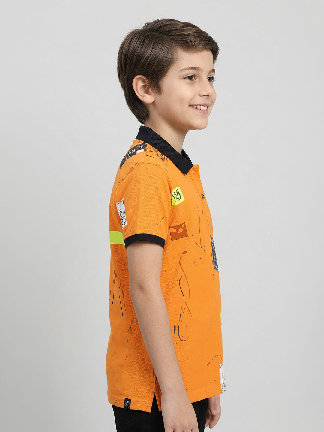 Boys Orange Printed Collar Half Sleeve T-Shirt