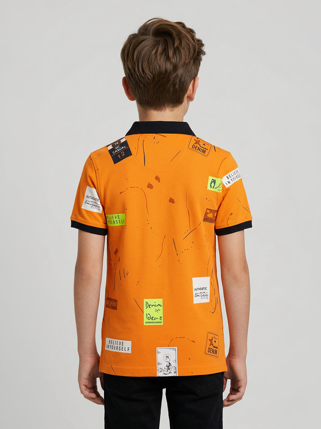Boys Orange Printed Collar Half Sleeve T-Shirt