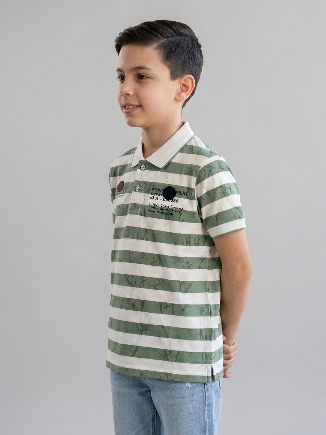 Boys Green Stripe Collar Half Sleeve T-Shirt