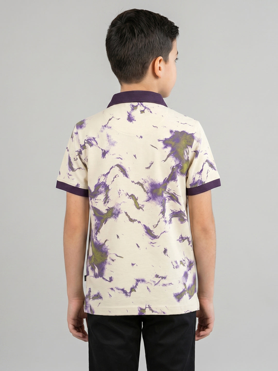 Boys Cream Printed Collar Half Sleeve T-Shirt