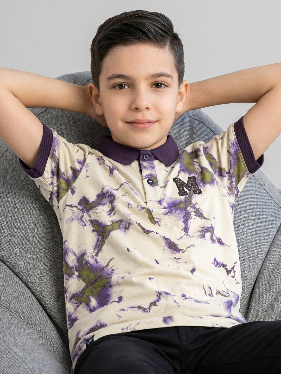 Boys Cream Printed Collar Half Sleeve T-Shirt